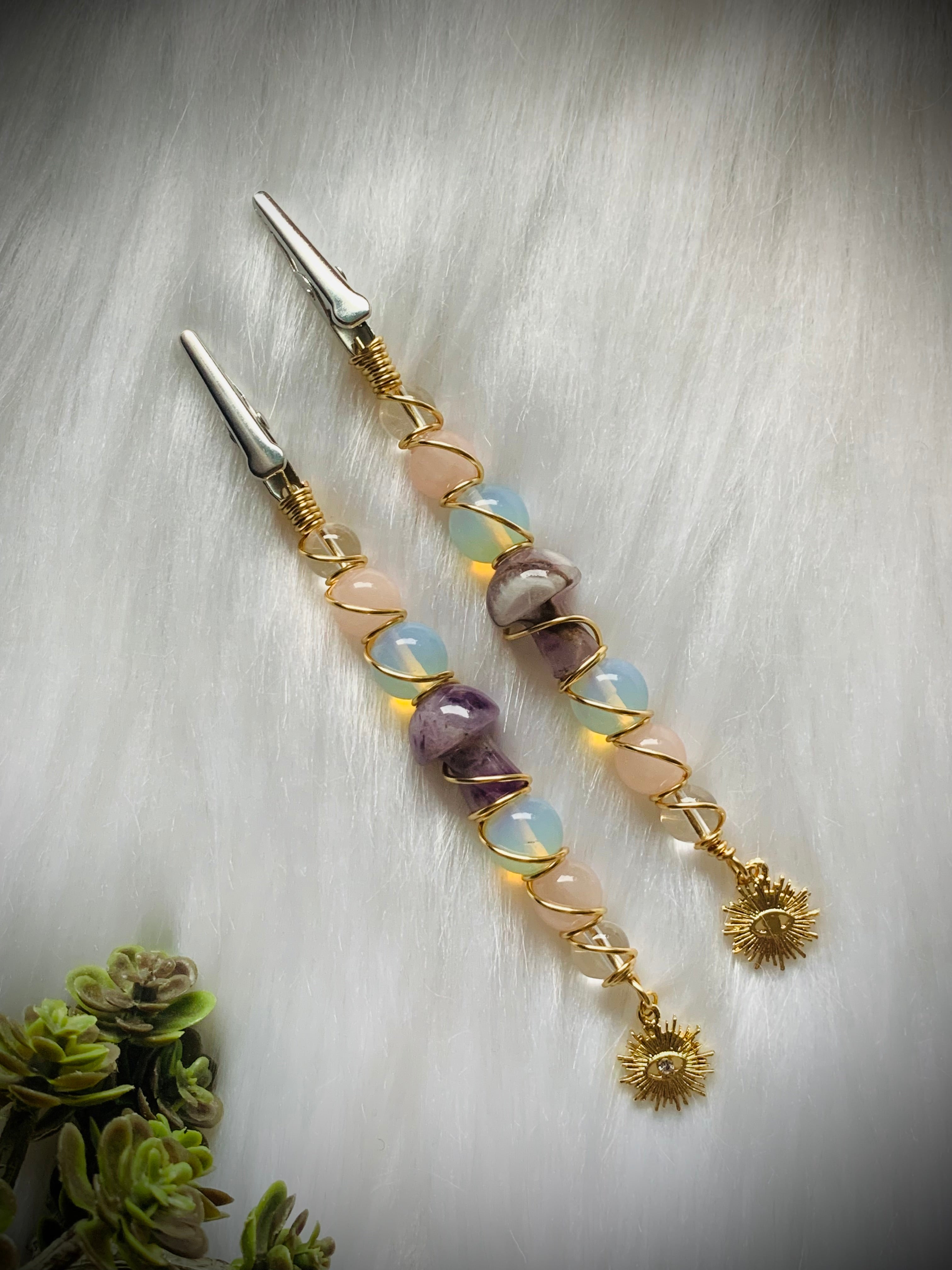 Crystal Smoke Clip; Amethyst mushroom, opalite, rose quartz, clear quartz, gold wire, evil eye charm