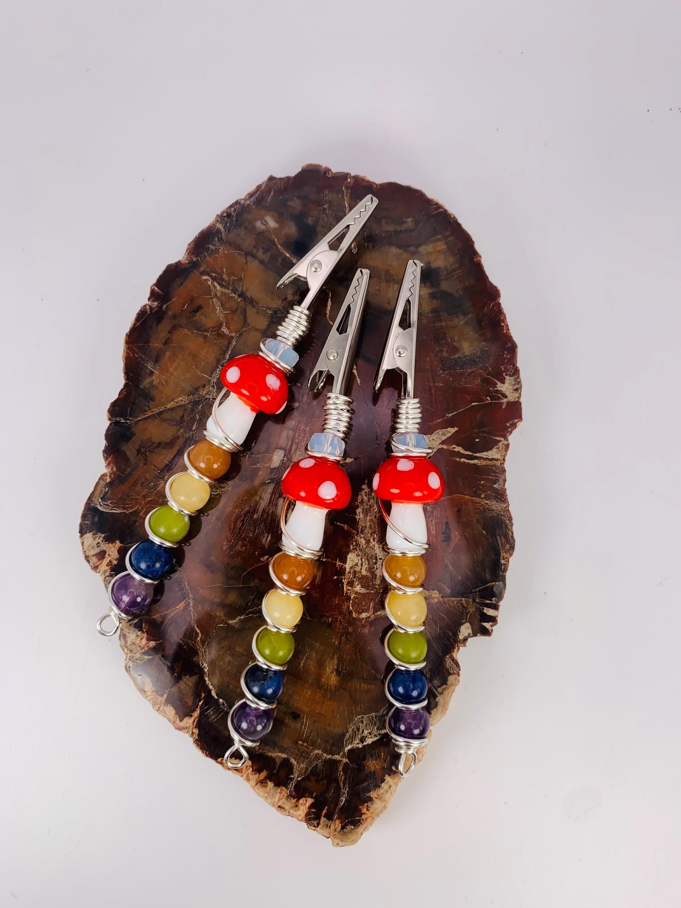 Crystal Rainbow Mushroom Smoke Clip; Opalite, Orange Aventurine, Yellow Jade, Green Jade, Sodalite, Amethyst