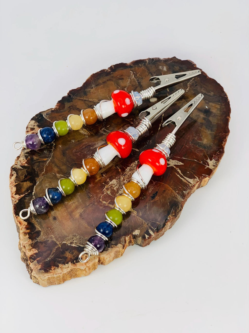 Crystal Rainbow Mushroom Smoke Clip; Opalite, Orange Aventurine, Yellow Jade, Green Jade, Sodalite, Amethyst