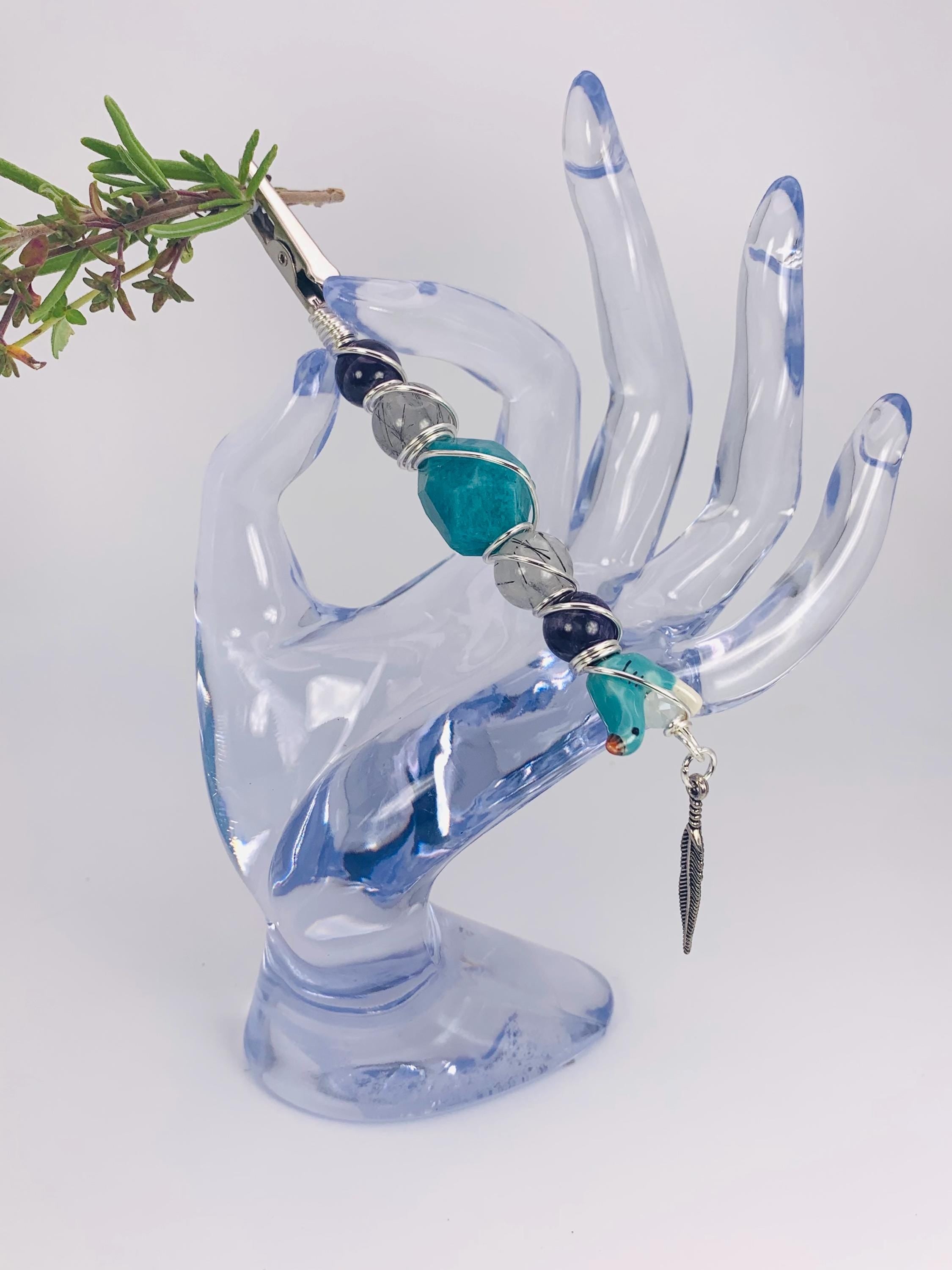 Crystal Smoke Clip; Amazonite, Rutilated Quartz, Amethyst, ceramic Bird, Feather charm, Silver wire