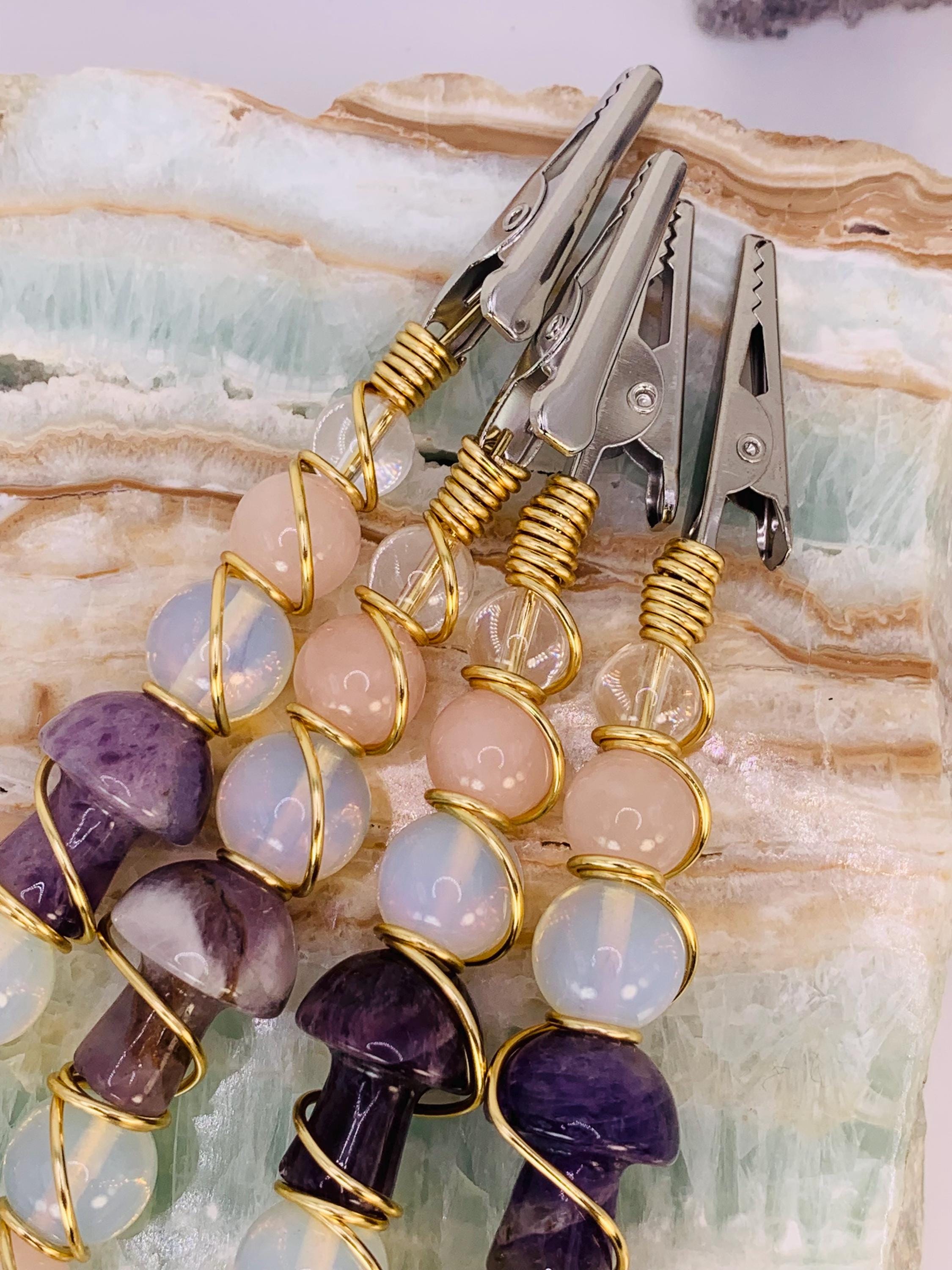 Crystal Smoke Clip; Amethyst mushroom, opalite, rose quartz, clear quartz, gold wire, evil eye charm