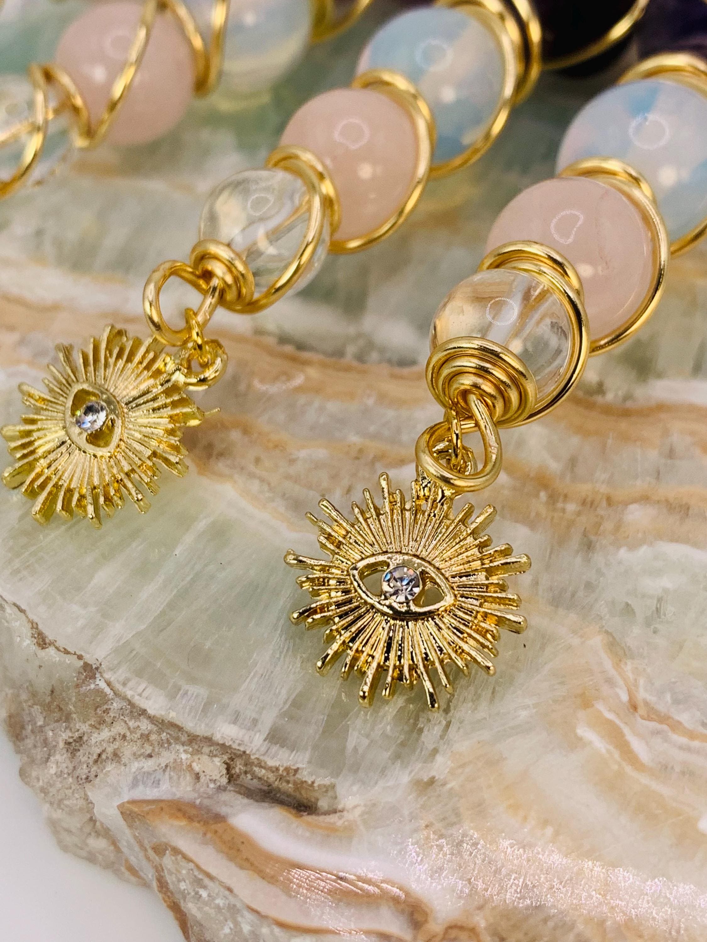 Crystal Smoke Clip; Amethyst mushroom, opalite, rose quartz, clear quartz, gold wire, evil eye charm