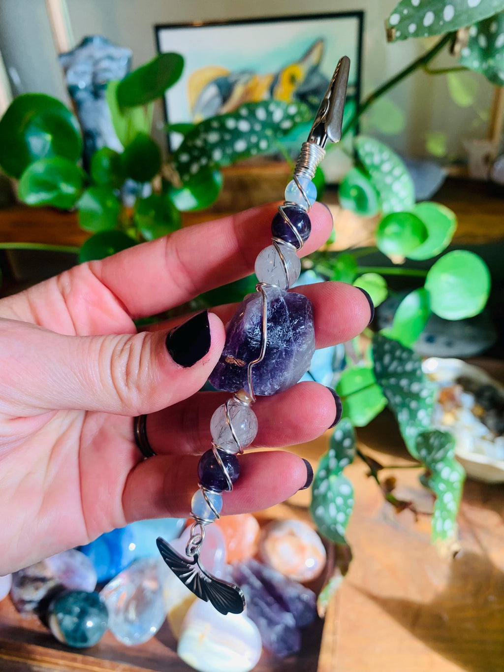 Smoke Clip Raw Amethyst, Tourmalinated Quartz, Opalite, Ginkgo leaf