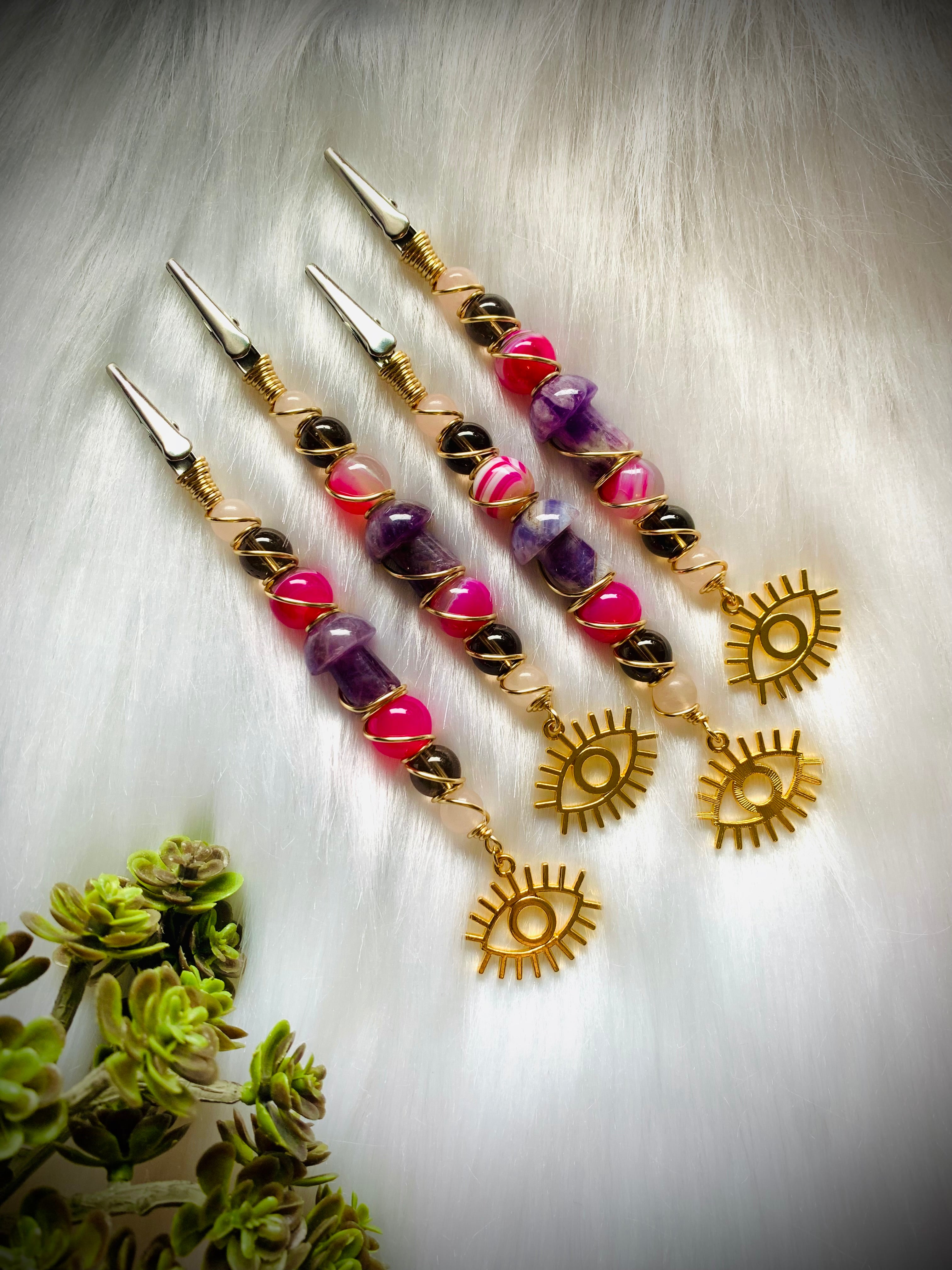 Crystal Smoke Clip; Amethyst mushroom, pink Botswana Agate, Smokey Quartz, Rose Quartz, gold wire, evil eye charm