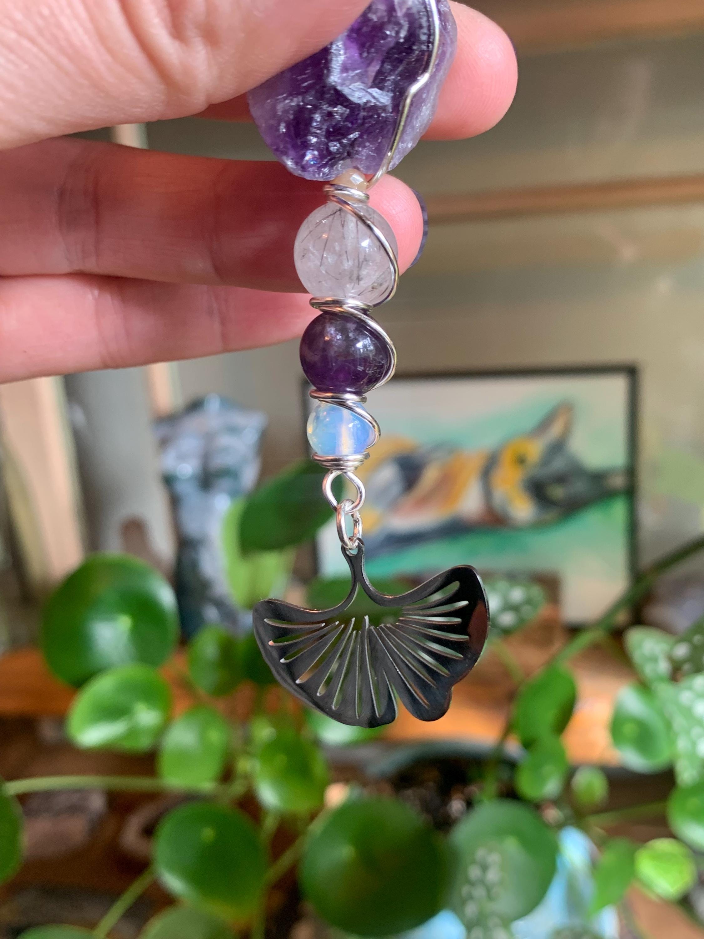 Smoke Clip Raw Amethyst, Tourmalinated Quartz, Opalite, Ginkgo leaf