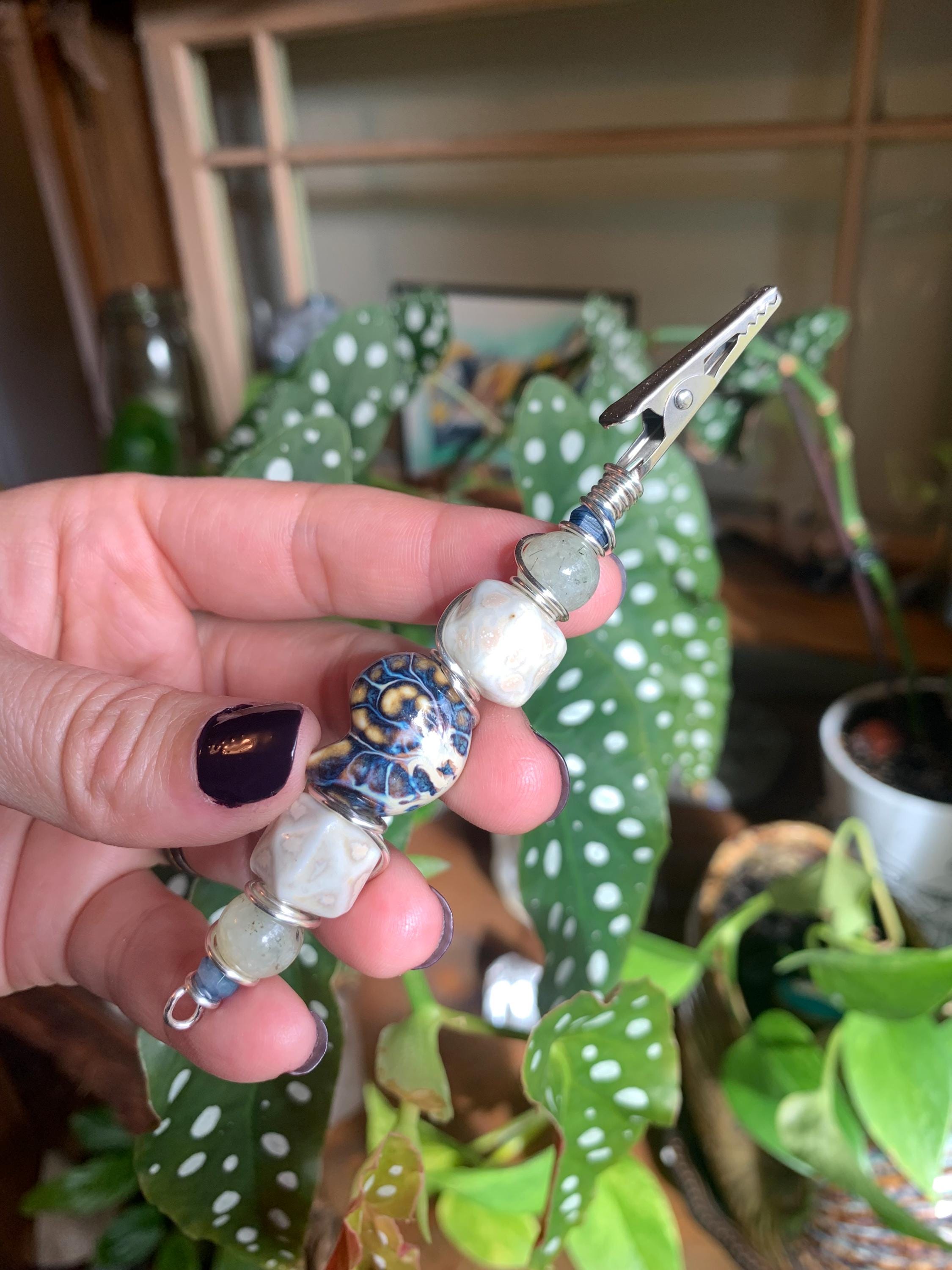 Crystal Smoke Clip, Ceramic Ammonite, Shell, Prehnite, Blue Kyanite,  Silver wire, smoking accessory, gifts for smokers, wire wrapped, ocean