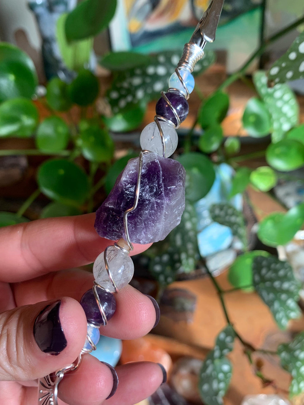 Smoke Clip Raw Amethyst, Tourmalinated Quartz, Opalite, Ginkgo leaf