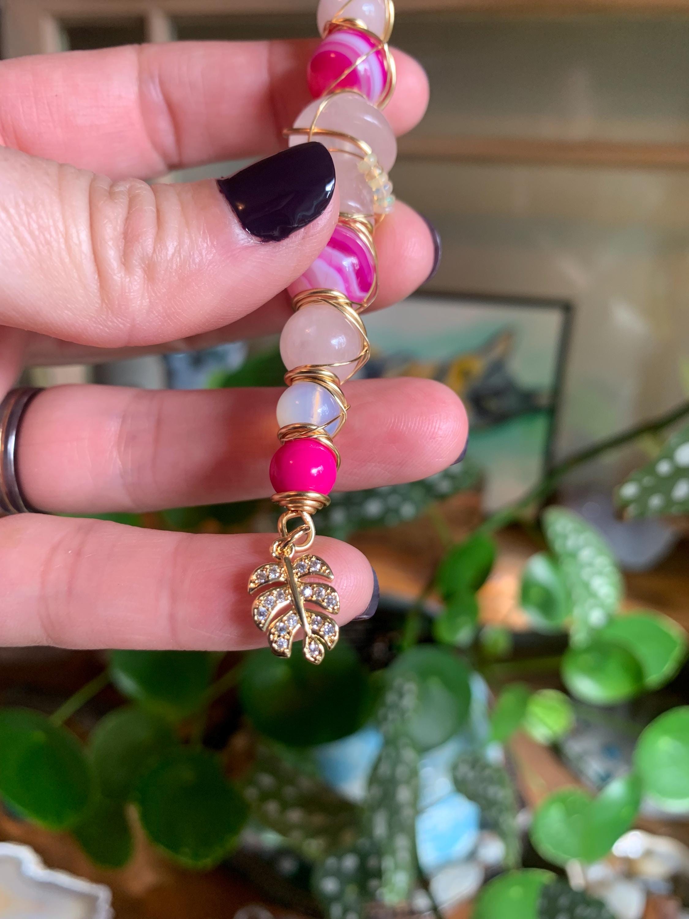 Crystal Smoking Clip, Rose Quartz mushroom, Opal, pink Botswana Agate, Rose quartz, Opalite, Monstera leaf, wire wrapped, gold, smoke clip