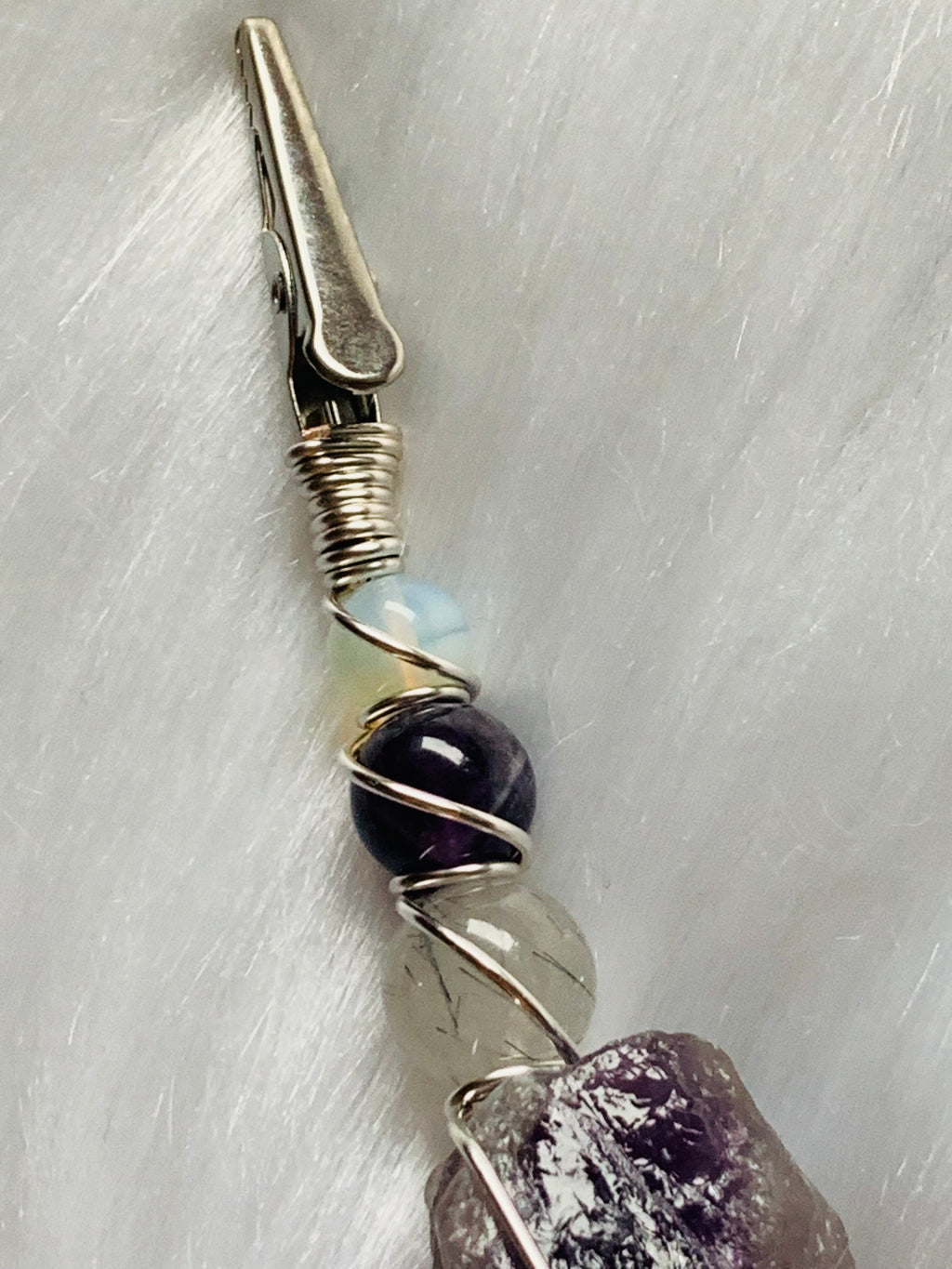 Smoke Clip Raw Amethyst, Tourmalinated Quartz, Opalite, Ginkgo leaf