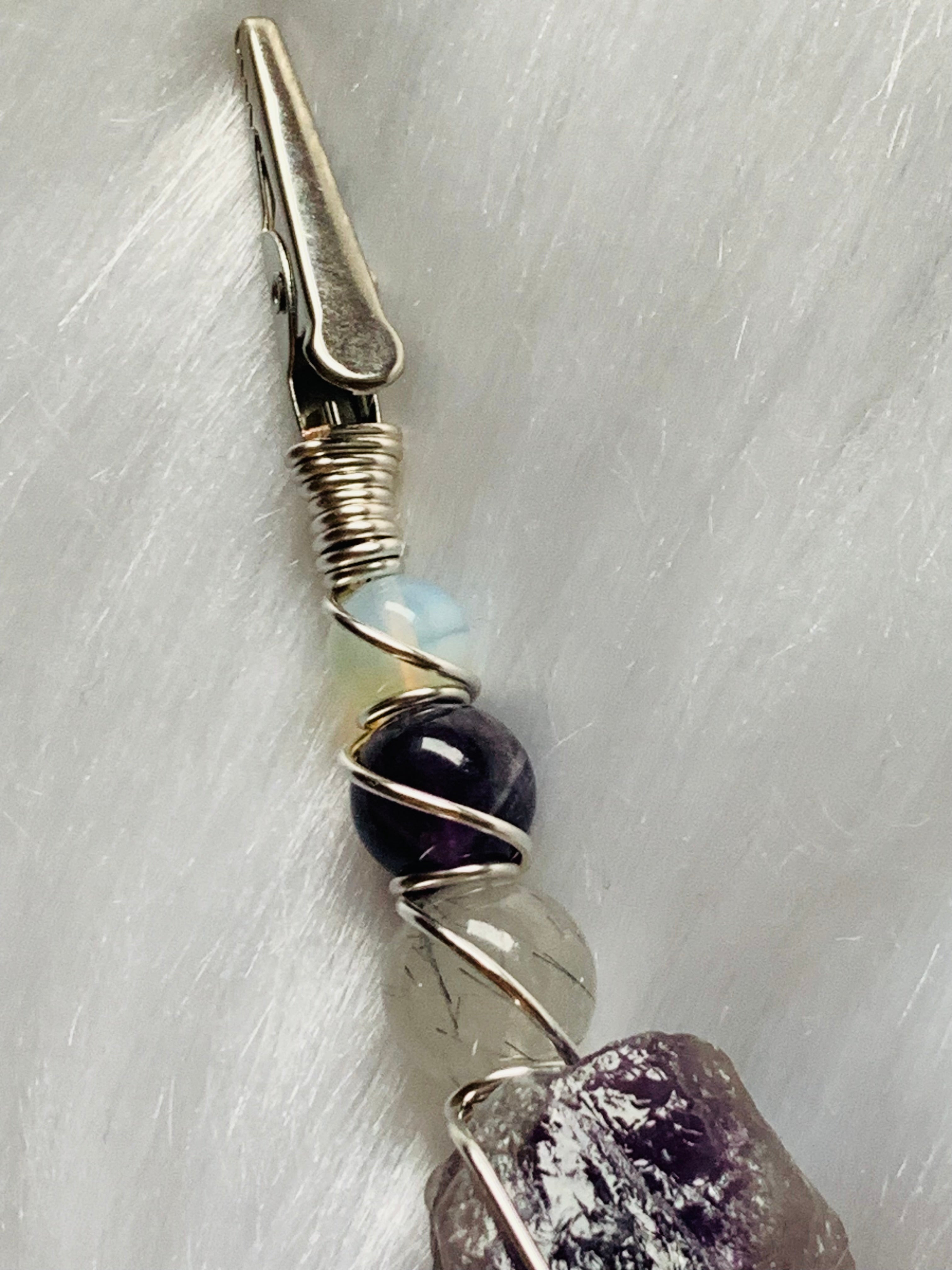 Smoke Clip Raw Amethyst, Tourmalinated Quartz, Opalite, Ginkgo leaf