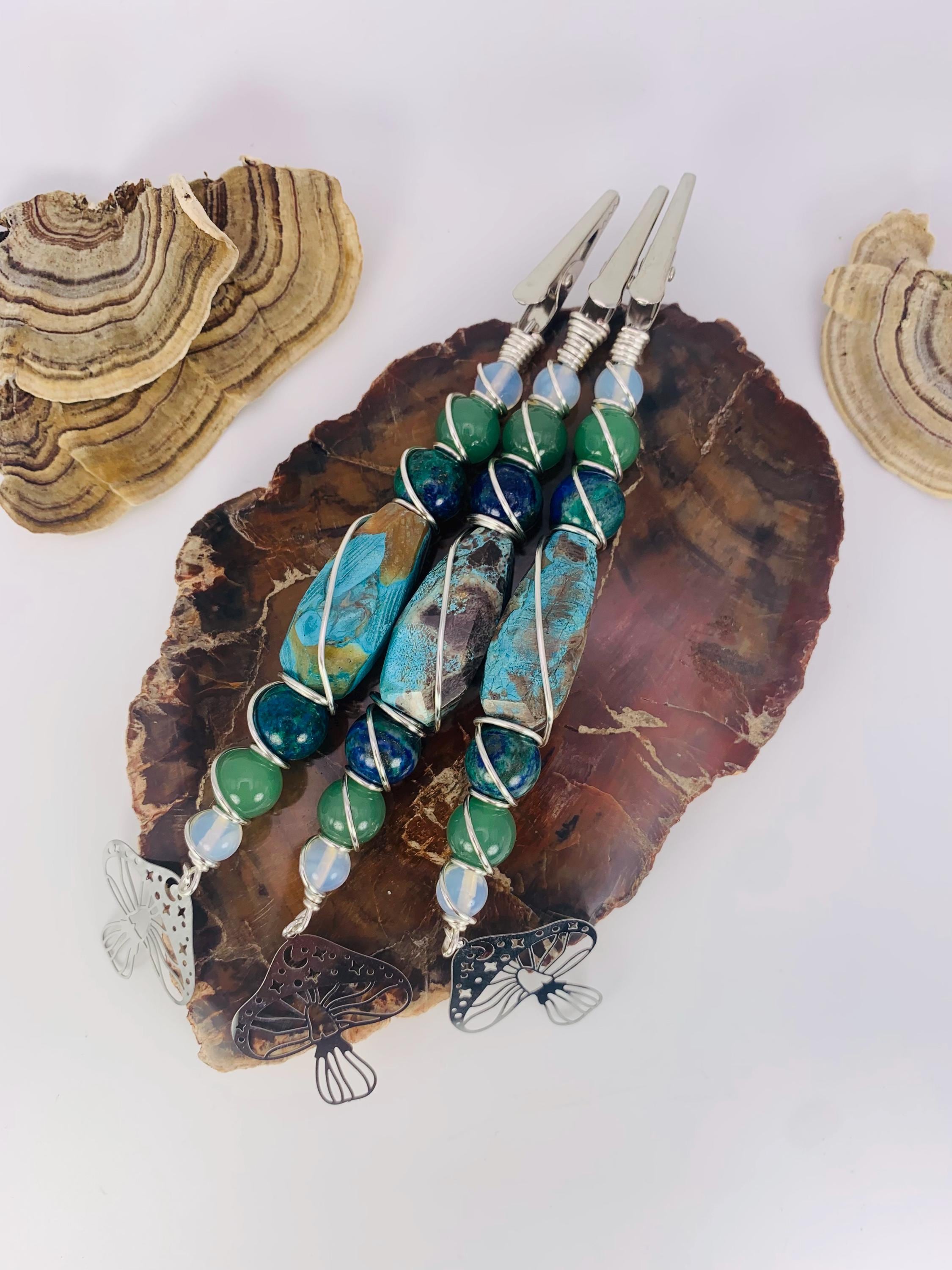Crystal Smoke Clip, Mushroom Jasper, Chrysocolla, Aventurine & Opalite with silver wire and mushroom charm