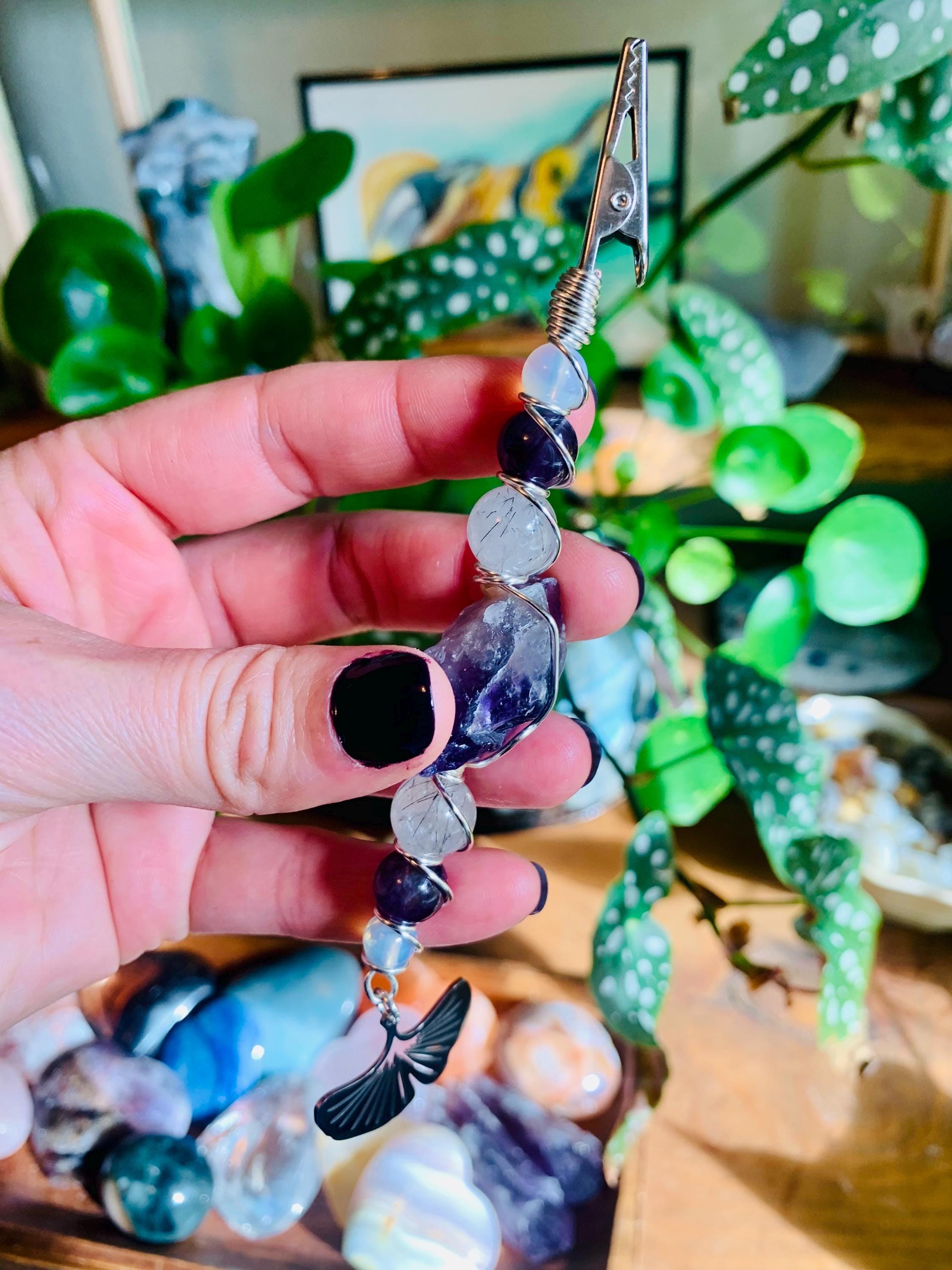 Smoke Clip Raw Amethyst, Tourmalinated Quartz, Opalite, Ginkgo leaf