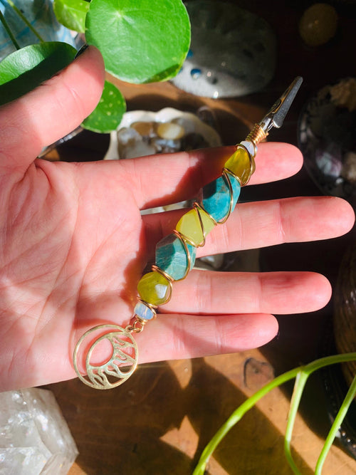 Amazonite, Green Jade, Opalite, Gold Wire, Moon charm, Sun charm, wire wrapped, smoke clip, smoking accessory, metaphysical