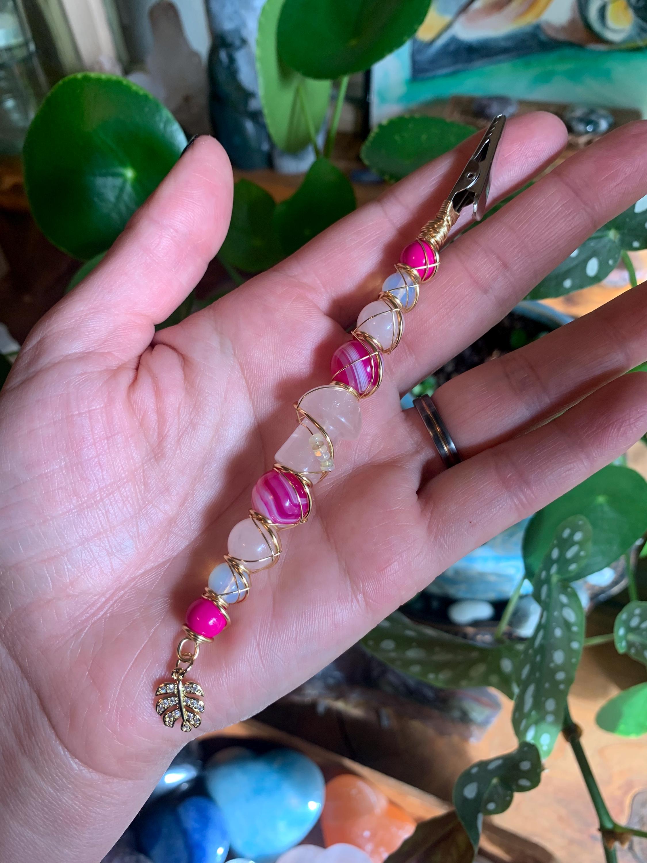 Crystal Smoking Clip, Rose Quartz mushroom, Opal, pink Botswana Agate, Rose quartz, Opalite, Monstera leaf, wire wrapped, gold, smoke clip