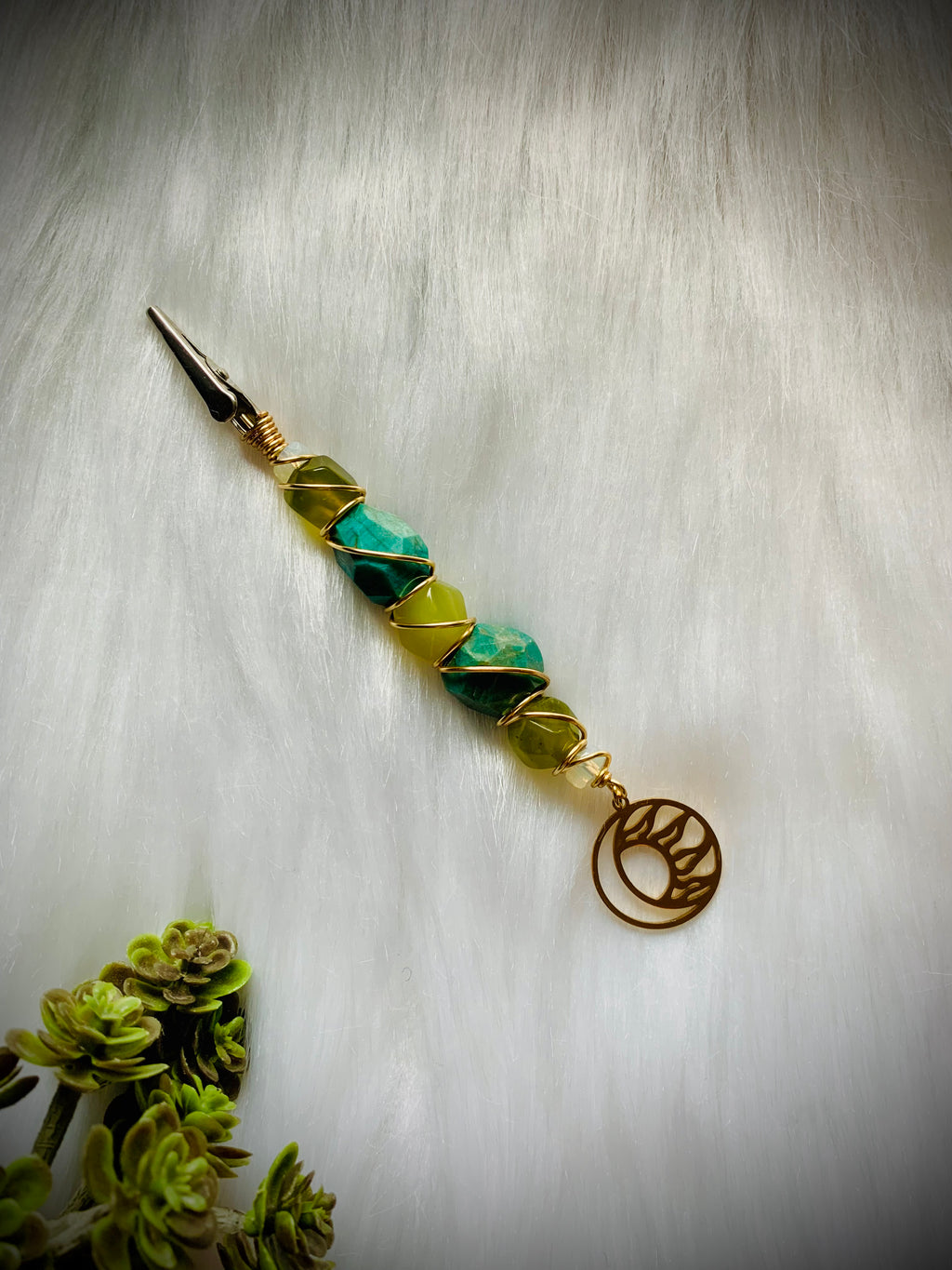 Smoke Clip with Crystals; Amazonite, Green Jade, Opalite, Gold Wire, Moon charm, Sun charm