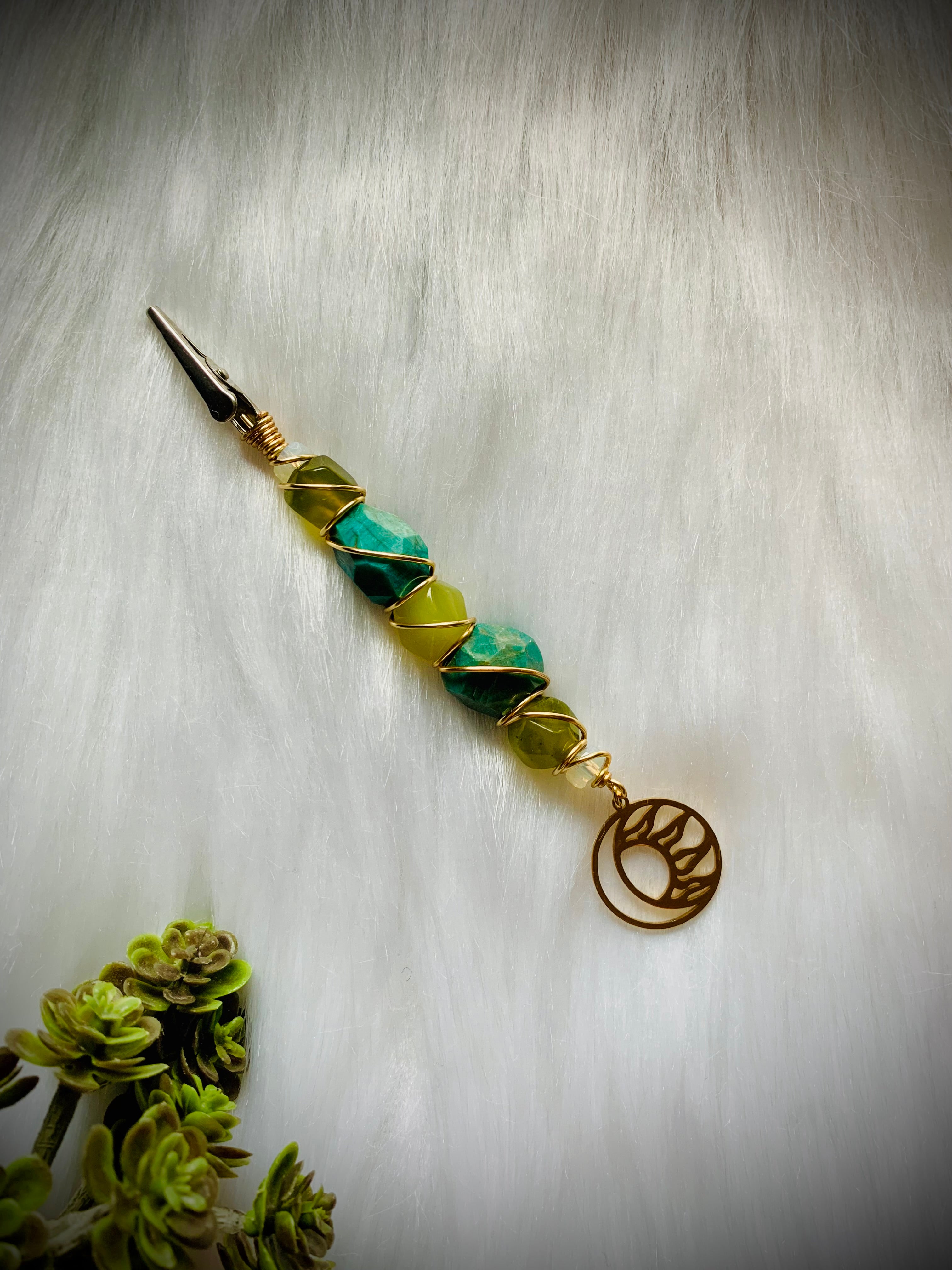 Smoke Clip with Crystals; Amazonite, Green Jade, Opalite, Gold Wire, Moon charm, Sun charm