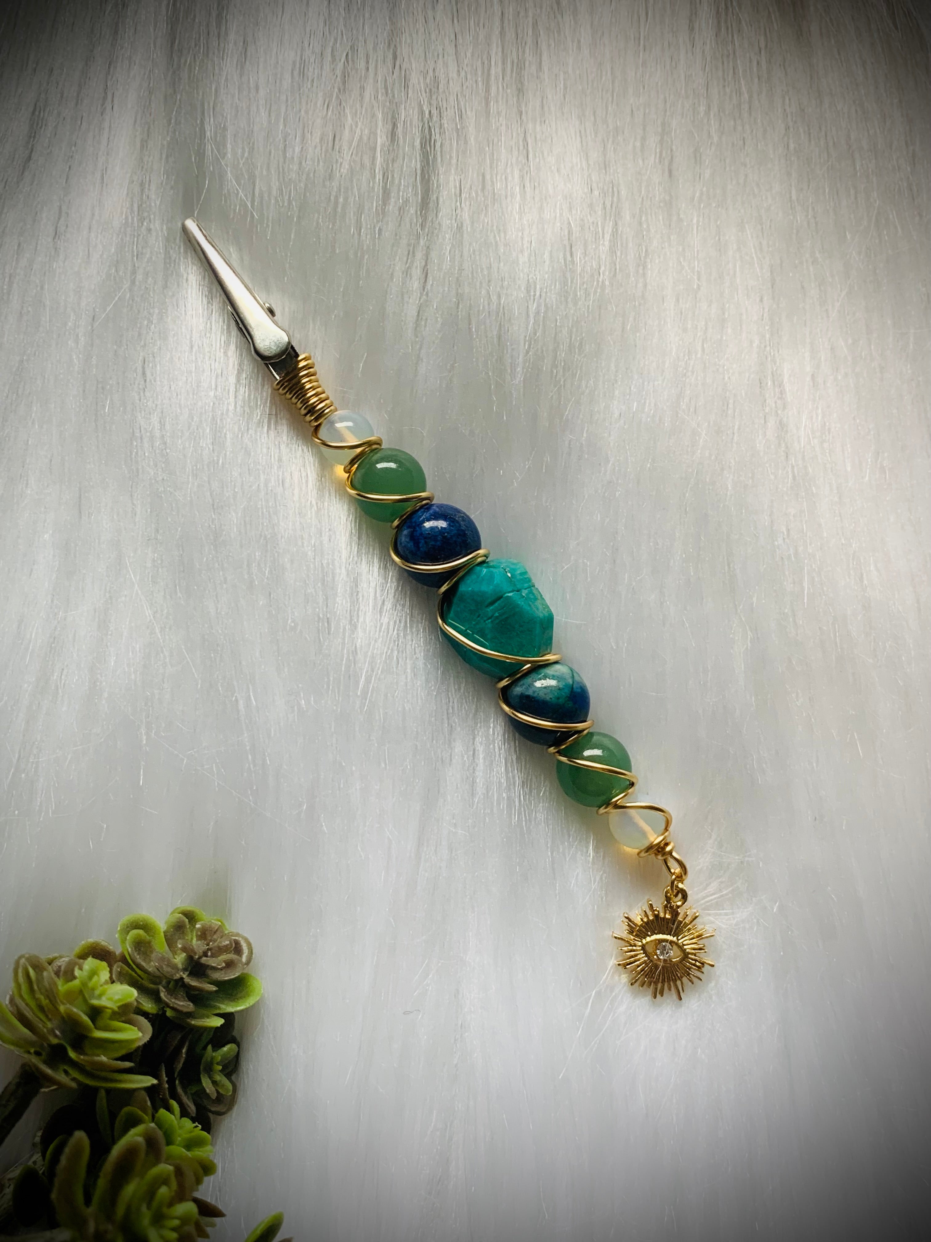 Amazonite, Chrysocolla, Green Aventurine, Opalite, Gold Wire, Evil Eye, Sun charm