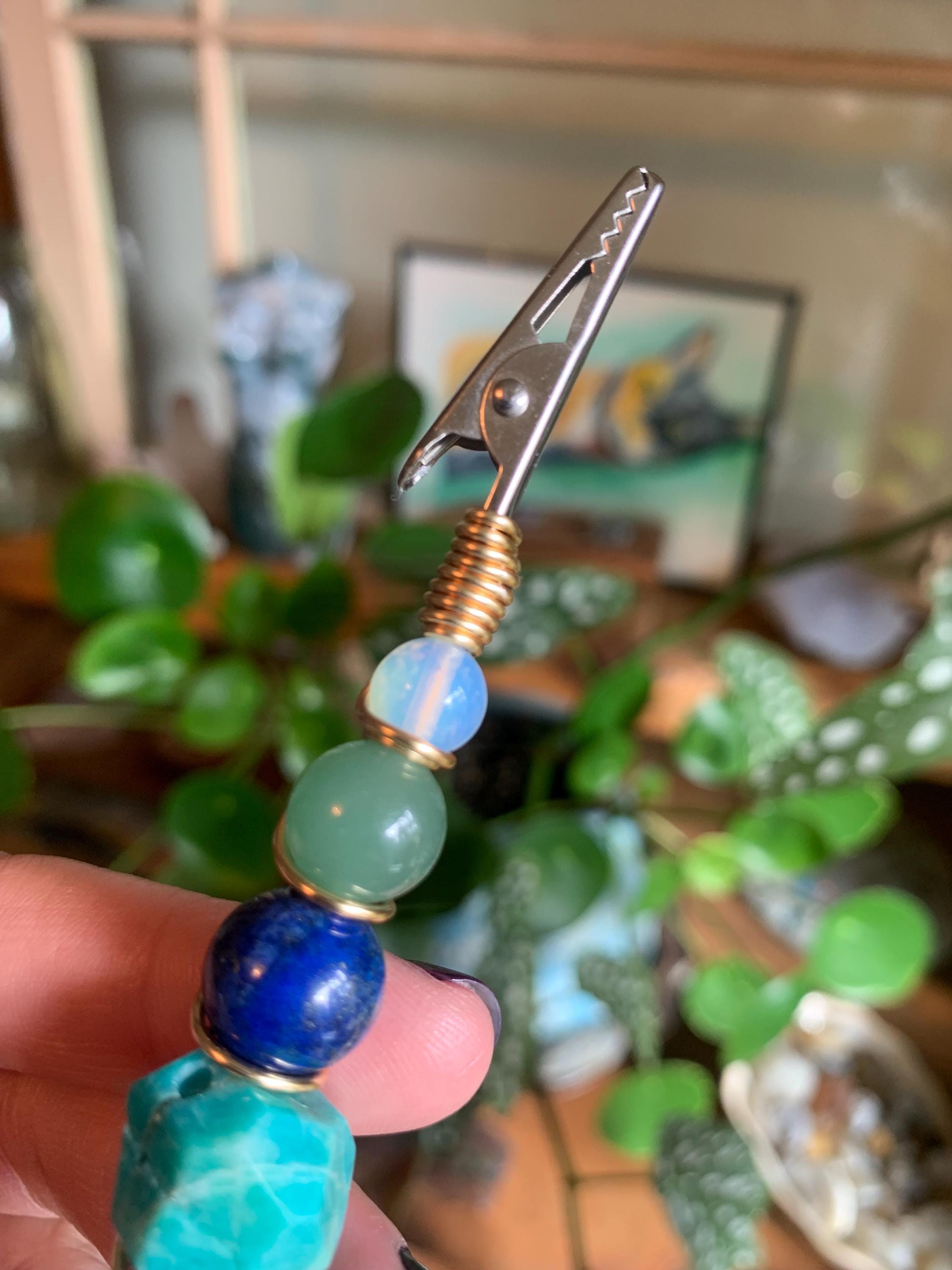 Amazonite, Chrysocolla, Green Aventurine, Opalite, Gold Wire, Evil Eye, Sun charm, wire wrapped, smoke clip, smoking accessory, metaphysical