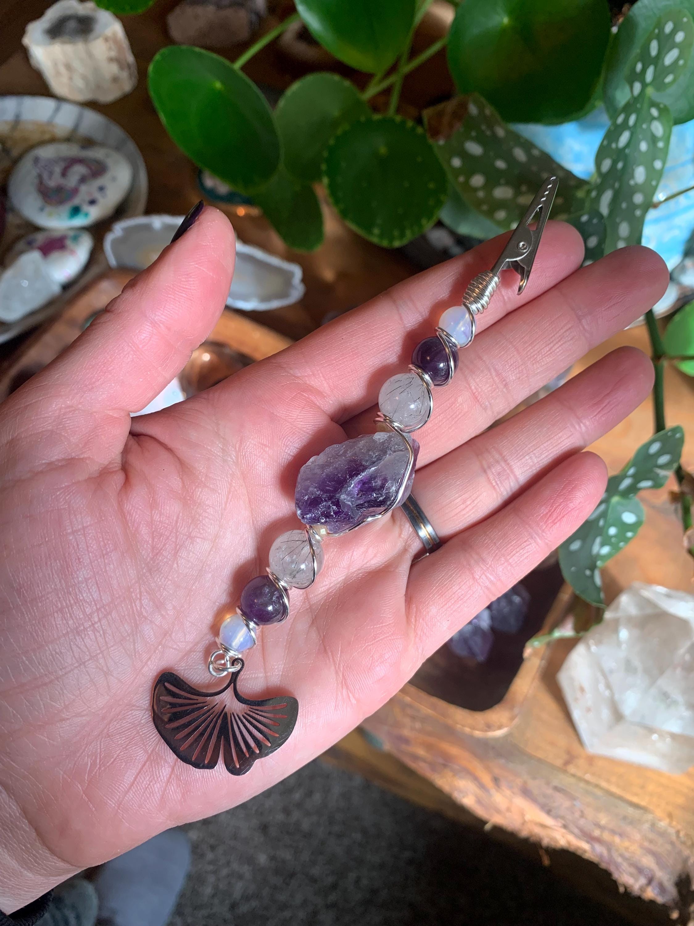 Smoke Clip Raw Amethyst, Tourmalinated Quartz, Opalite, Ginkgo leaf