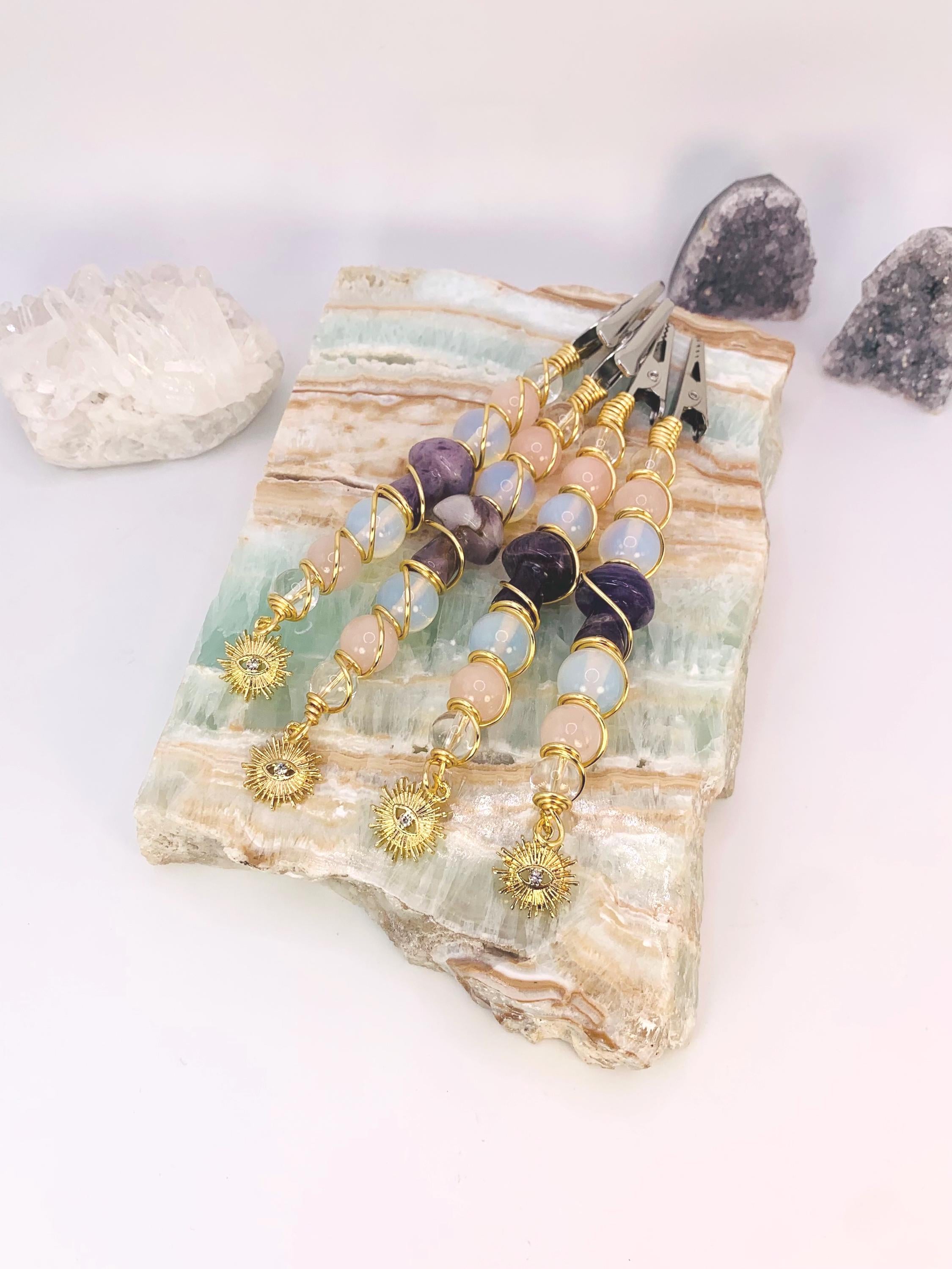 Crystal Smoke Clip; Amethyst mushroom, opalite, rose quartz, clear quartz, gold wire, evil eye charm