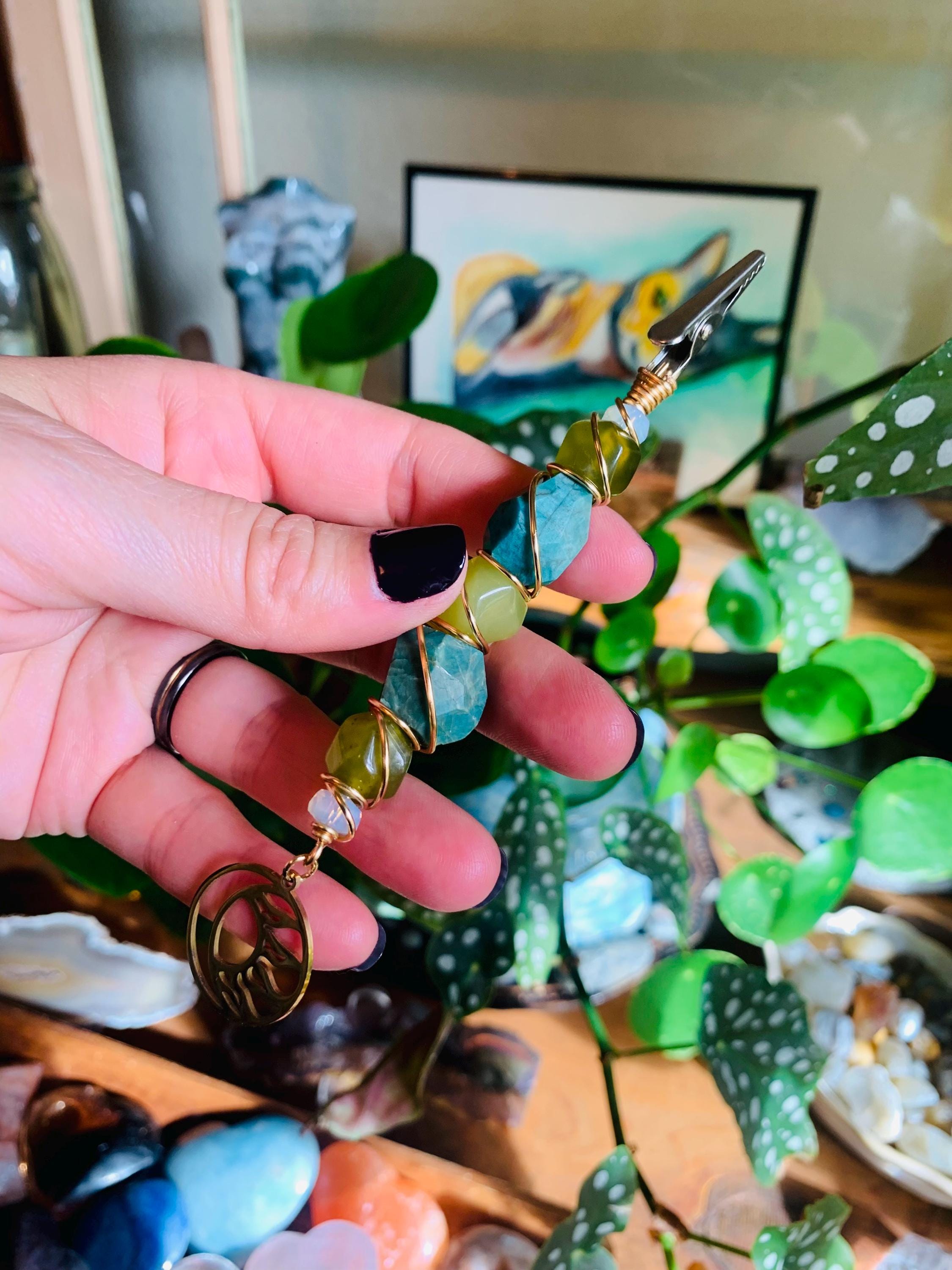 Amazonite, Green Jade, Opalite, Gold Wire, Moon charm, Sun charm, wire wrapped, smoke clip, smoking accessory, metaphysical
