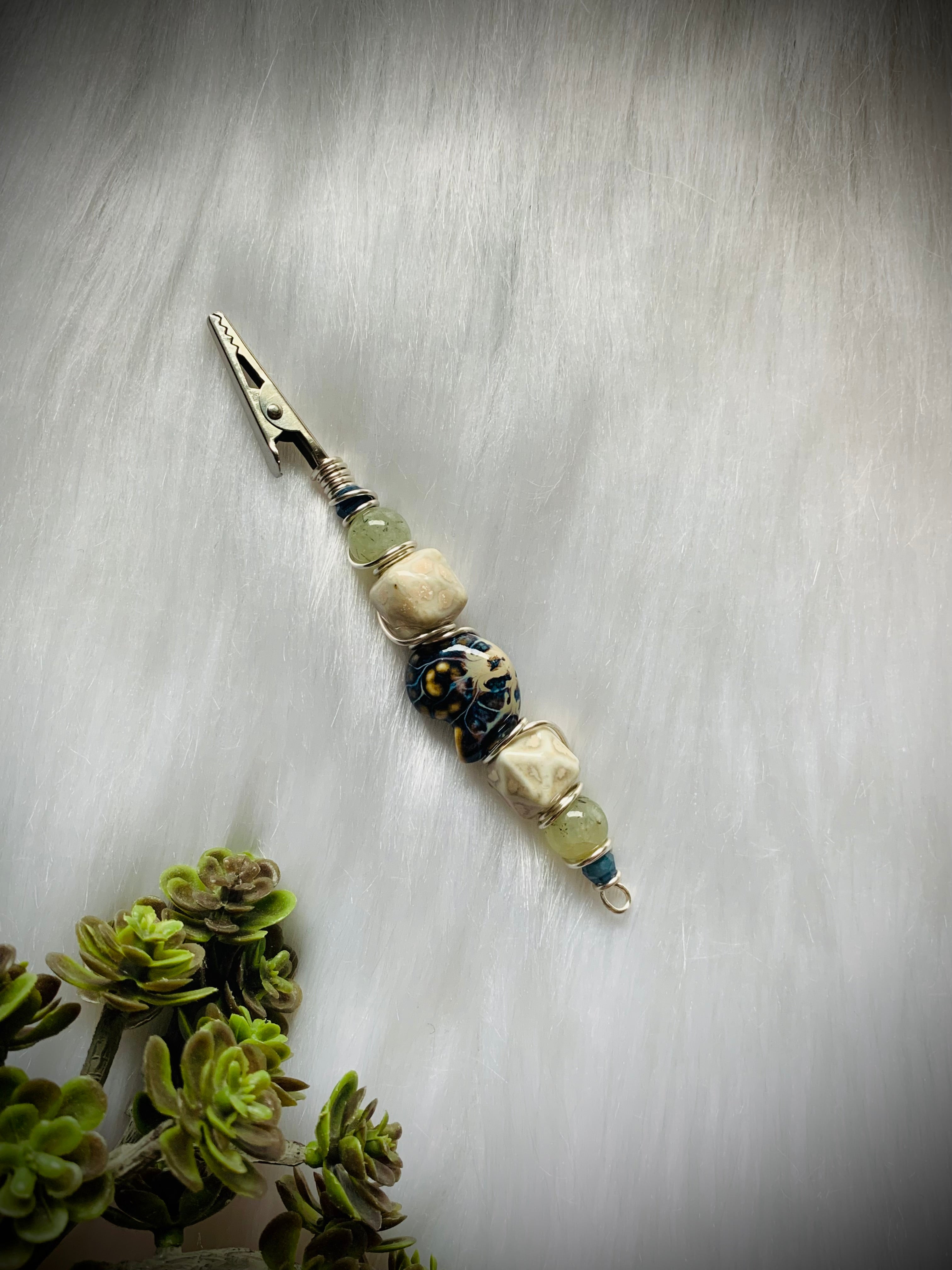 Crystal Smoke Clip; Ceramic Ammonite, Shell, Prehnite, Blue Kyanite