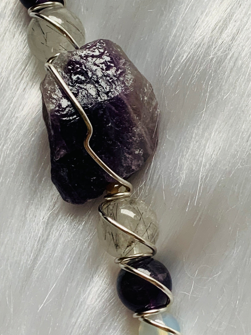 Smoke Clip Raw Amethyst, Tourmalinated Quartz, Opalite, Ginkgo leaf