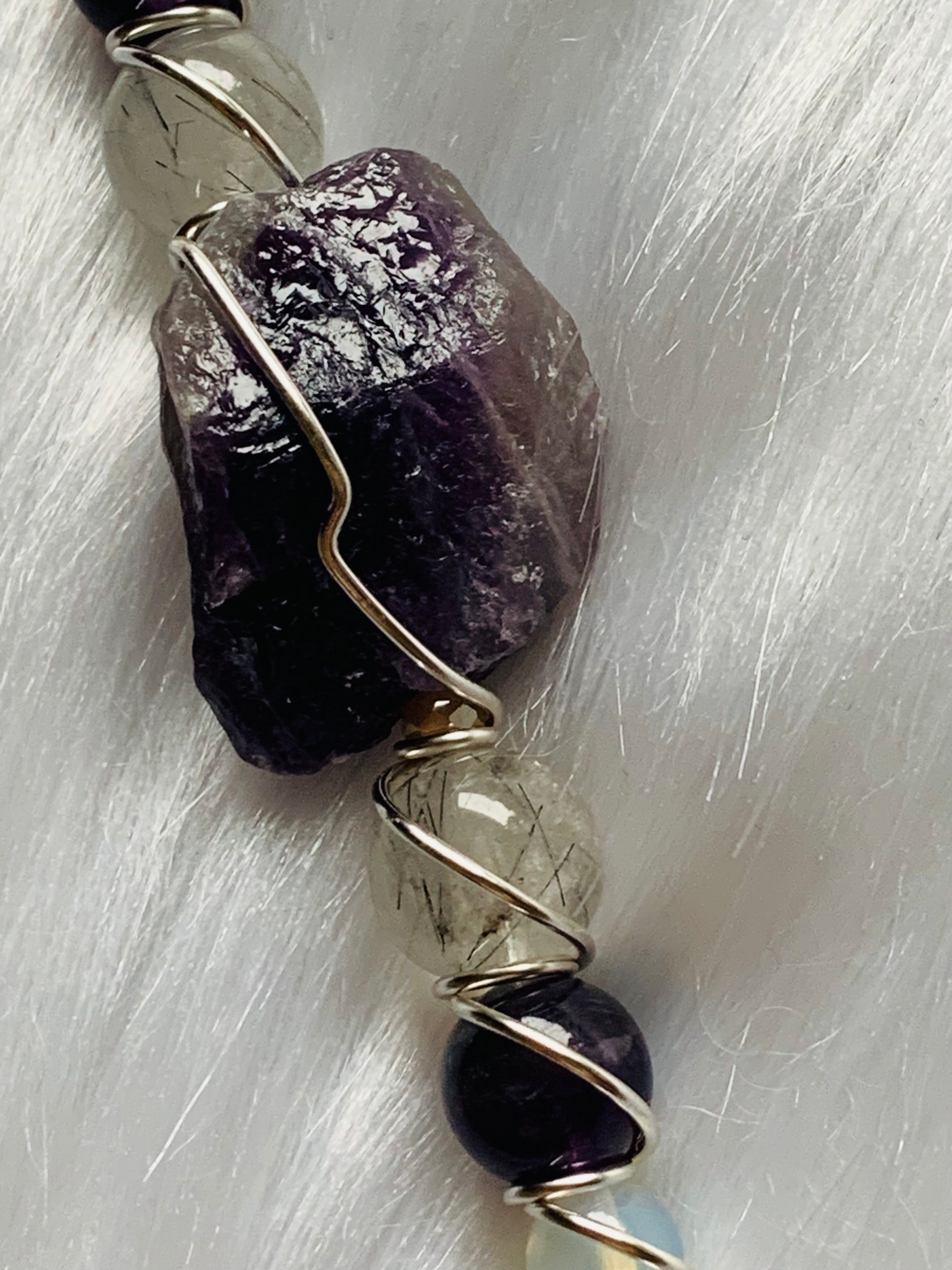 Smoke Clip Raw Amethyst, Tourmalinated Quartz, Opalite, Ginkgo leaf