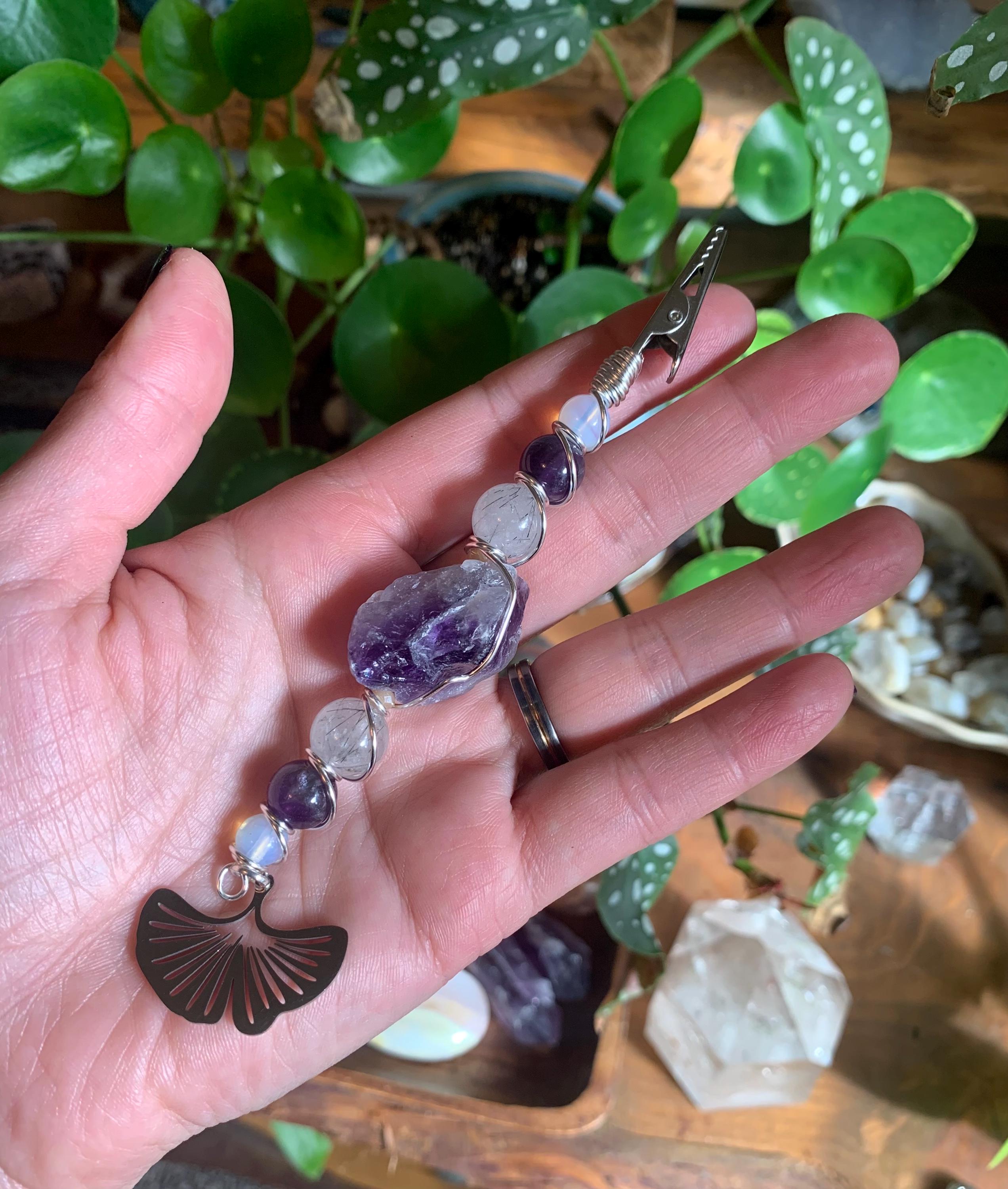 Smoke Clip Raw Amethyst, Tourmalinated Quartz, Opalite, Ginkgo leaf