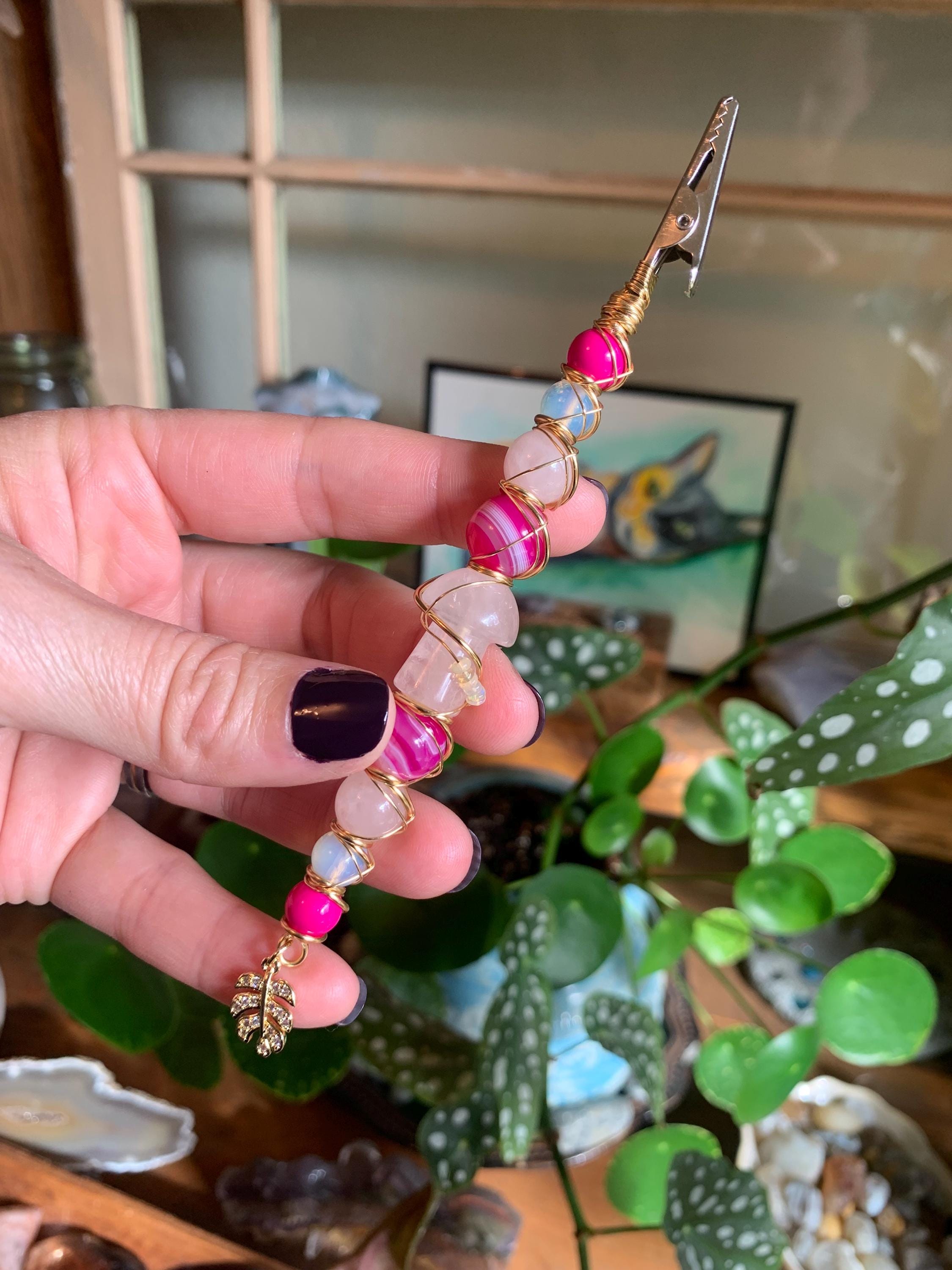 Crystal Smoking Clip, Rose Quartz mushroom, Opal, pink Botswana Agate, Rose quartz, Opalite, Monstera leaf, wire wrapped, gold, smoke clip