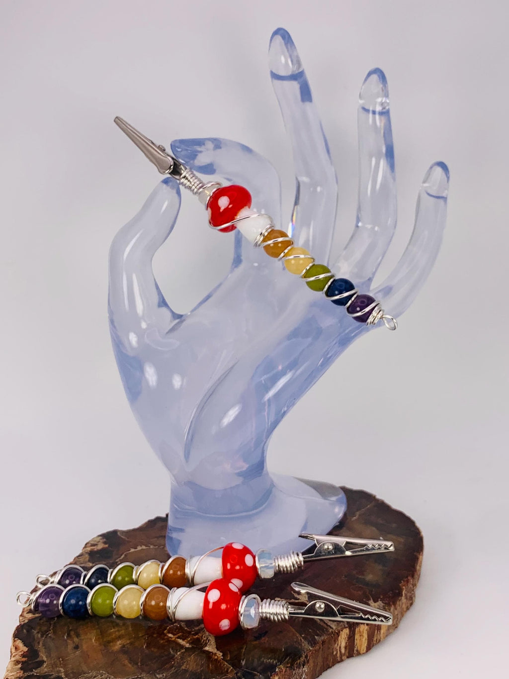 Crystal Rainbow Mushroom Smoke Clip; Opalite, Orange Aventurine, Yellow Jade, Green Jade, Sodalite, Amethyst