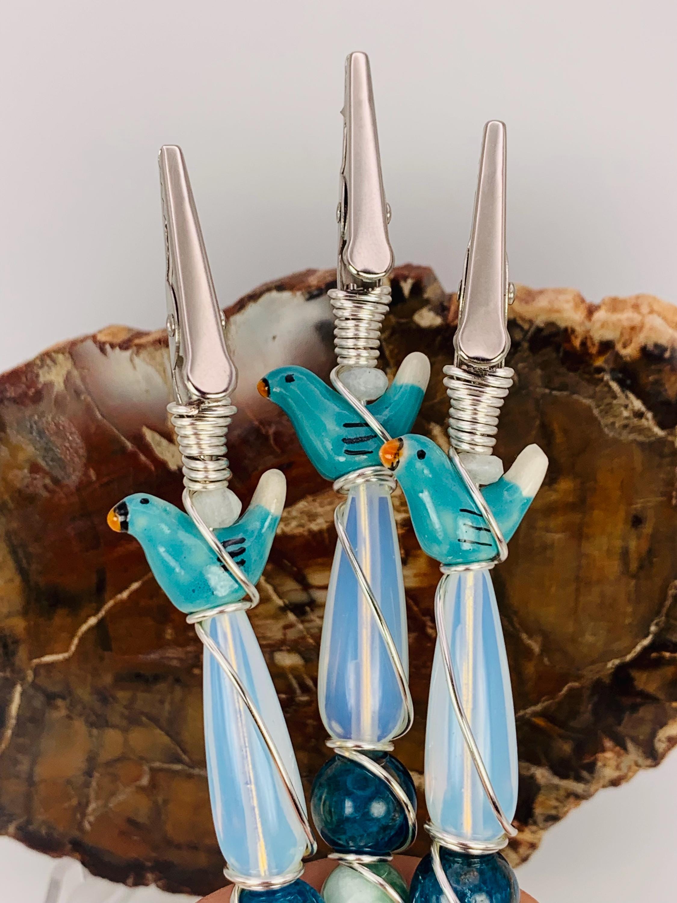 Blue Crystals birdy smoke clip, Moonstone, Opalite, Blue Apatite, Green Moonstone, Sodalite, Smoking clip, Wire wrapped, handmade, rituals