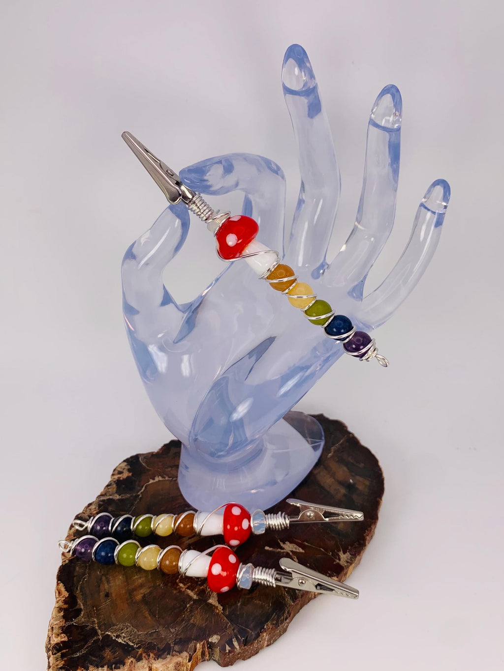 Crystal Rainbow Mushroom Smoke Clip; Opalite, Orange Aventurine, Yellow Jade, Green Jade, Sodalite, Amethyst