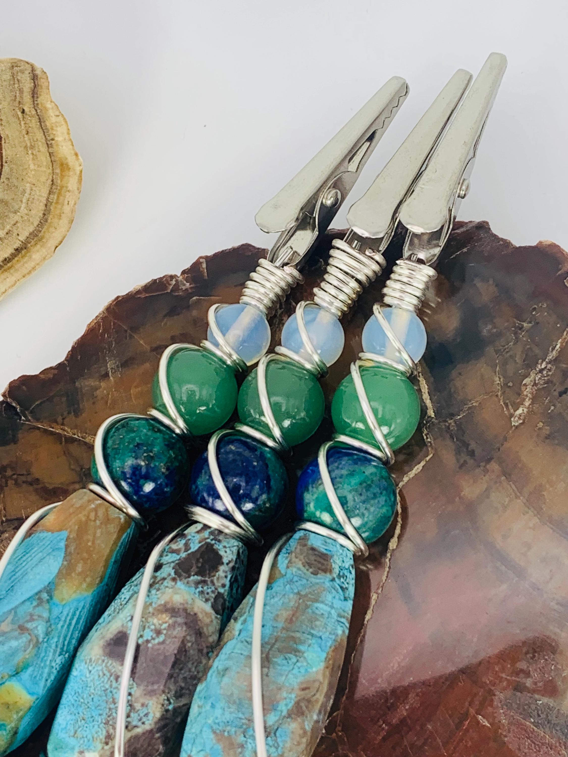 Crystal Smoke Clip, Mushroom Jasper, Chrysocolla, Aventurine & Opalite with silver wire and mushroom charm
