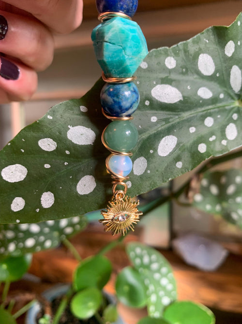 Amazonite, Chrysocolla, Green Aventurine, Opalite, Gold Wire, Evil Eye, Sun charm, wire wrapped, smoke clip, smoking accessory, metaphysical