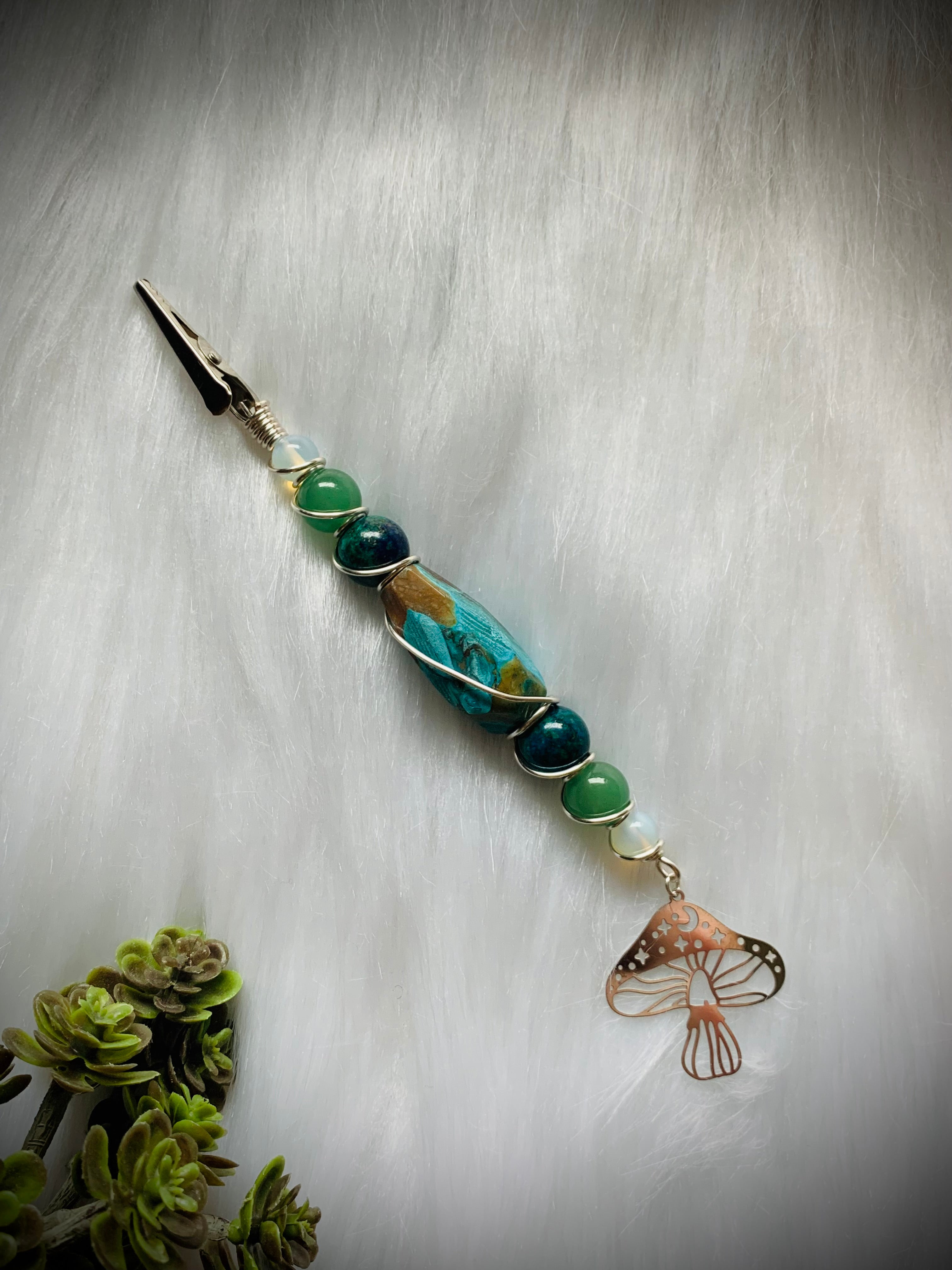 Crystal Smoke Clip, Mushroom Jasper, Chrysocolla, Aventurine & Opalite with silver wire and mushroom charm