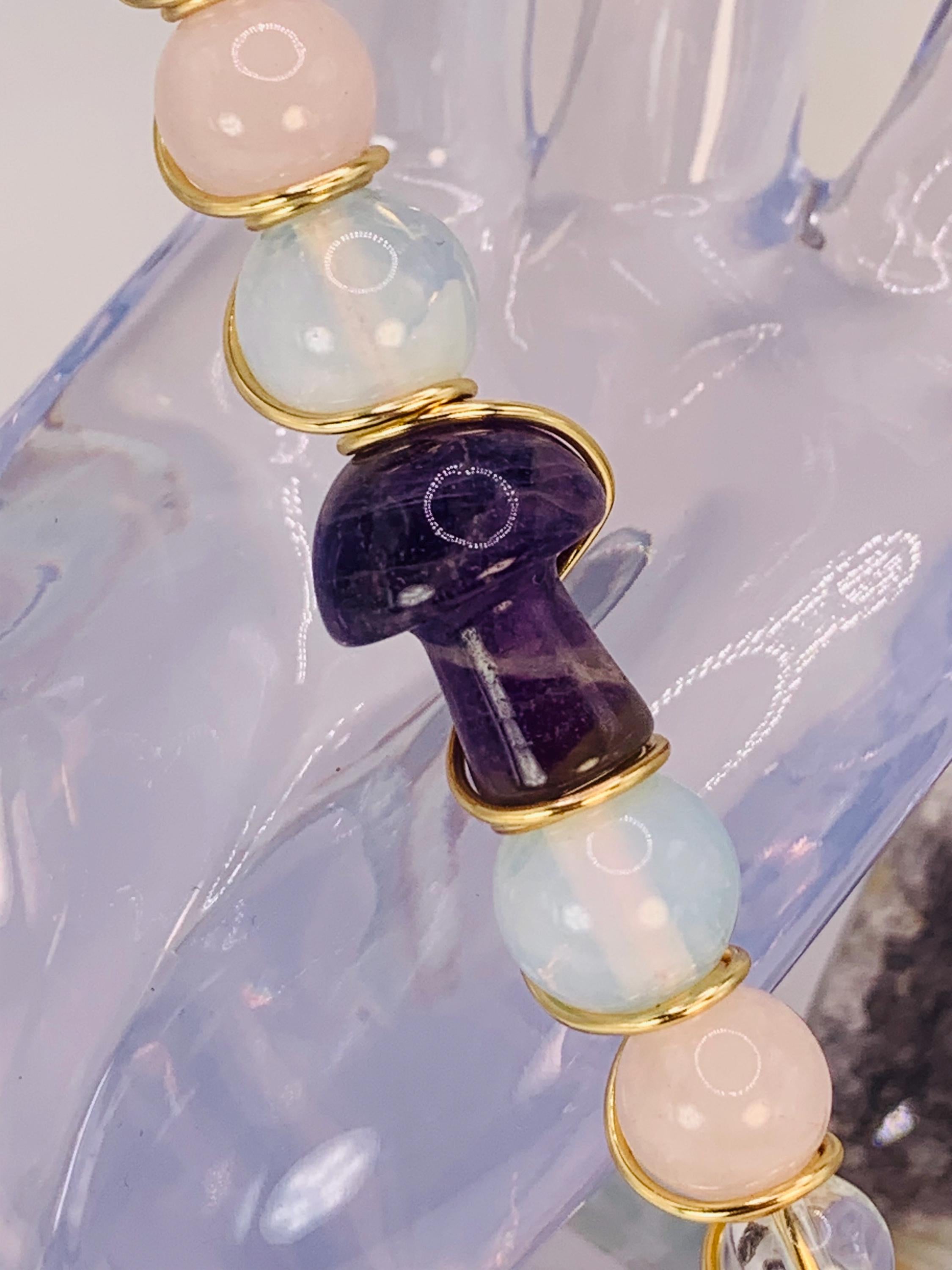 Crystal Smoke Clip; Amethyst mushroom, opalite, rose quartz, clear quartz, gold wire, evil eye charm