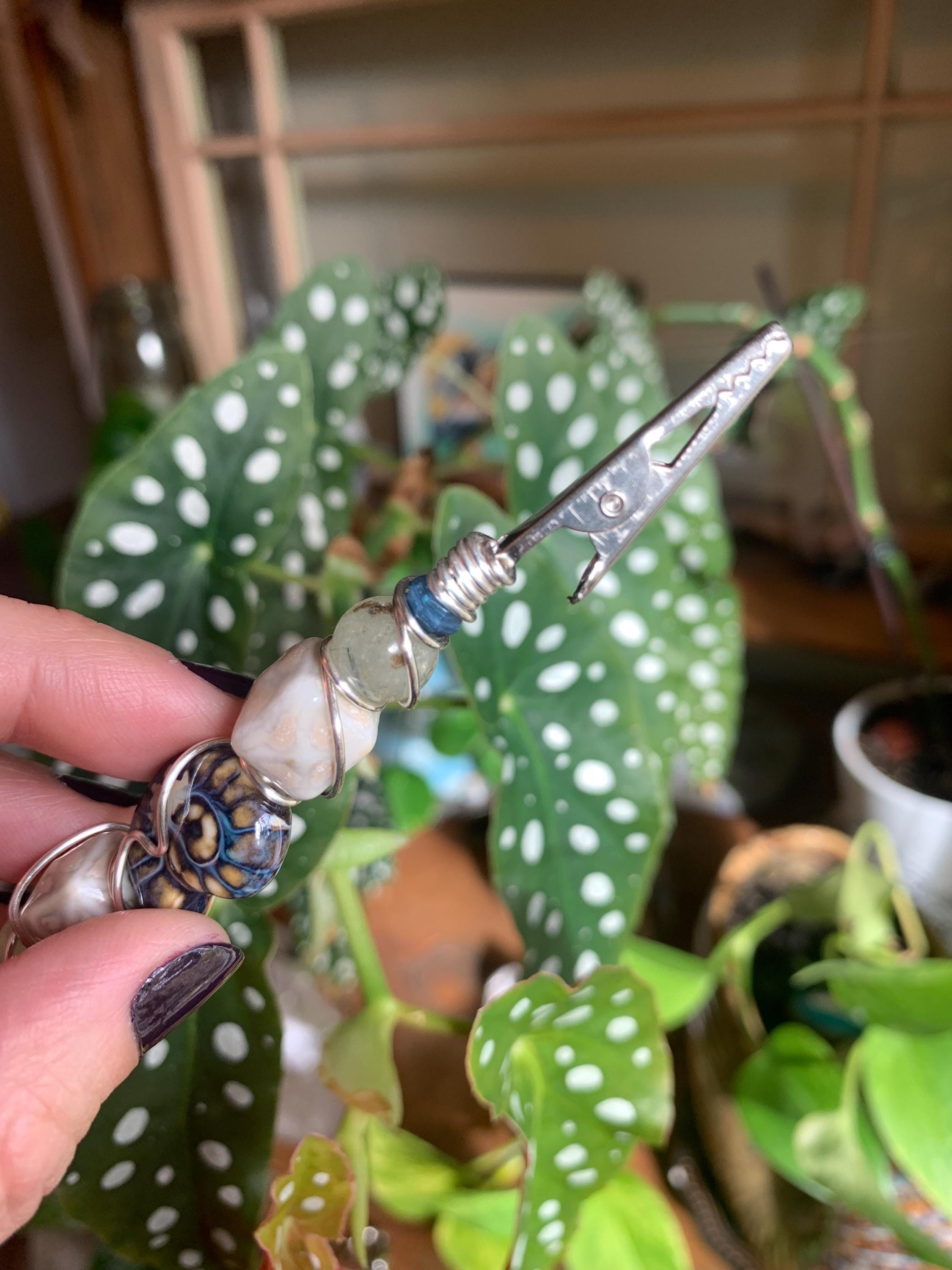 Crystal Smoke Clip, Ceramic Ammonite, Shell, Prehnite, Blue Kyanite,  Silver wire, smoking accessory, gifts for smokers, wire wrapped, ocean