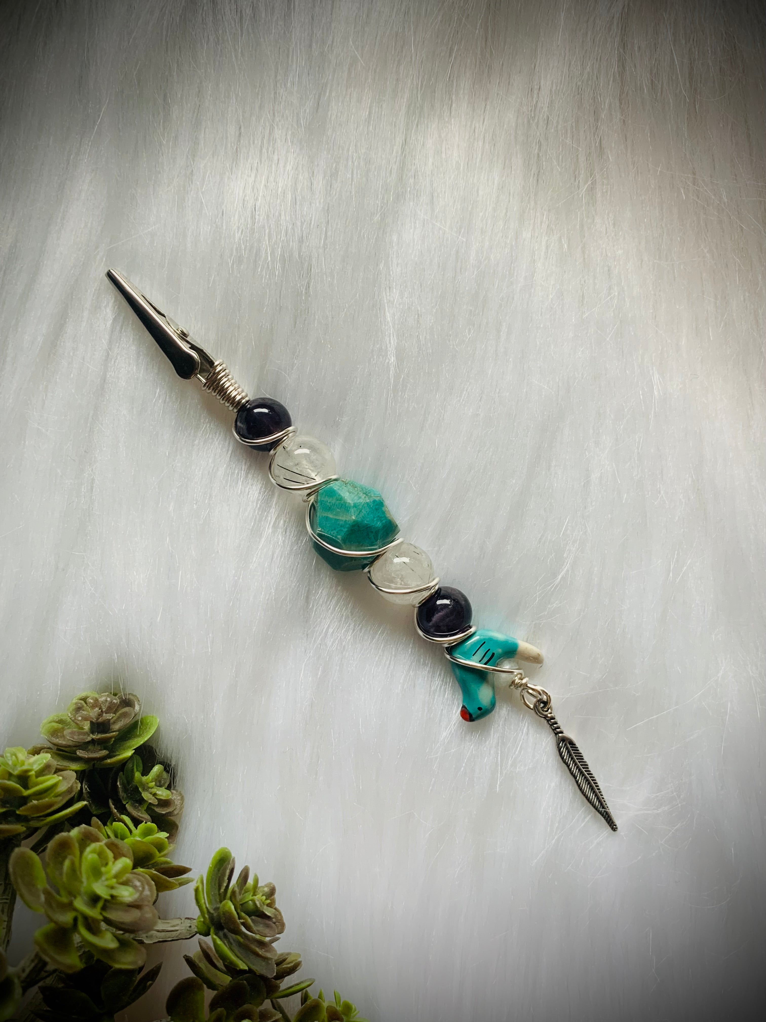 Crystal Smoke Clip; Amazonite, Rutilated Quartz, Amethyst, ceramic Bird, Feather charm, Silver wire