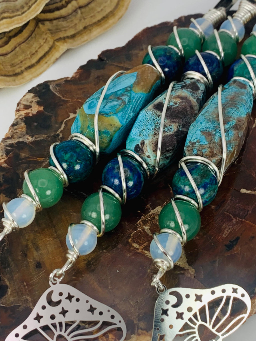 Crystal Smoke Clip, Mushroom Jasper, Chrysocolla, Aventurine & Opalite with silver wire and mushroom charm