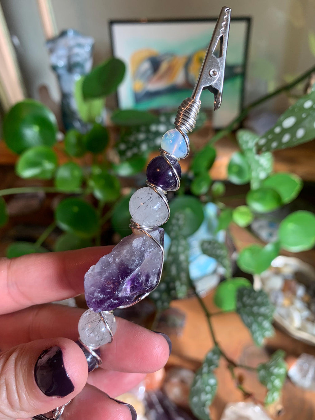 Smoke Clip Raw Amethyst, Tourmalinated Quartz, Opalite, Ginkgo leaf