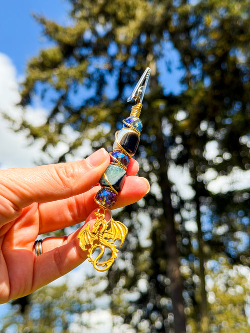 dragon and agate wire-wrapped crystal smoke clip gemstone — Indie Rayne Co. gold dragon charm, agate, gold wire smoke holder. hand crafted 

