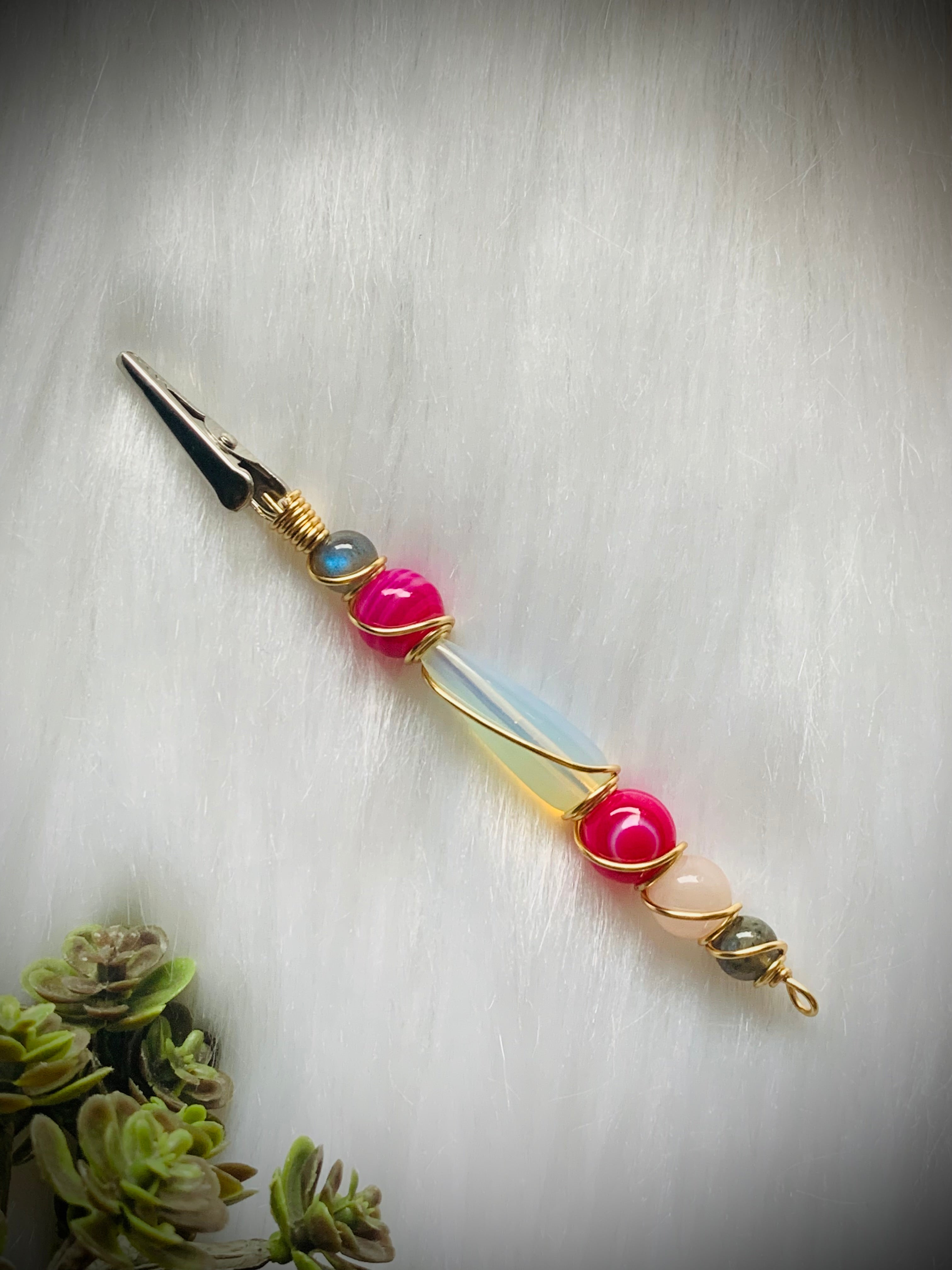 Crystal Smoke Clip; Opalite, Pink Botswana Agate, Rose Quartz, Labradorite, wire wrapped in gold wire