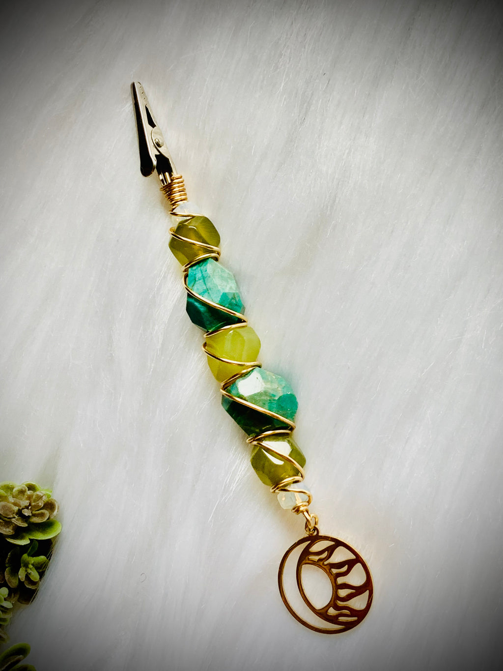 Smoke Clip with Crystals; Amazonite, Green Jade, Opalite, Gold Wire, Moon charm, Sun charm