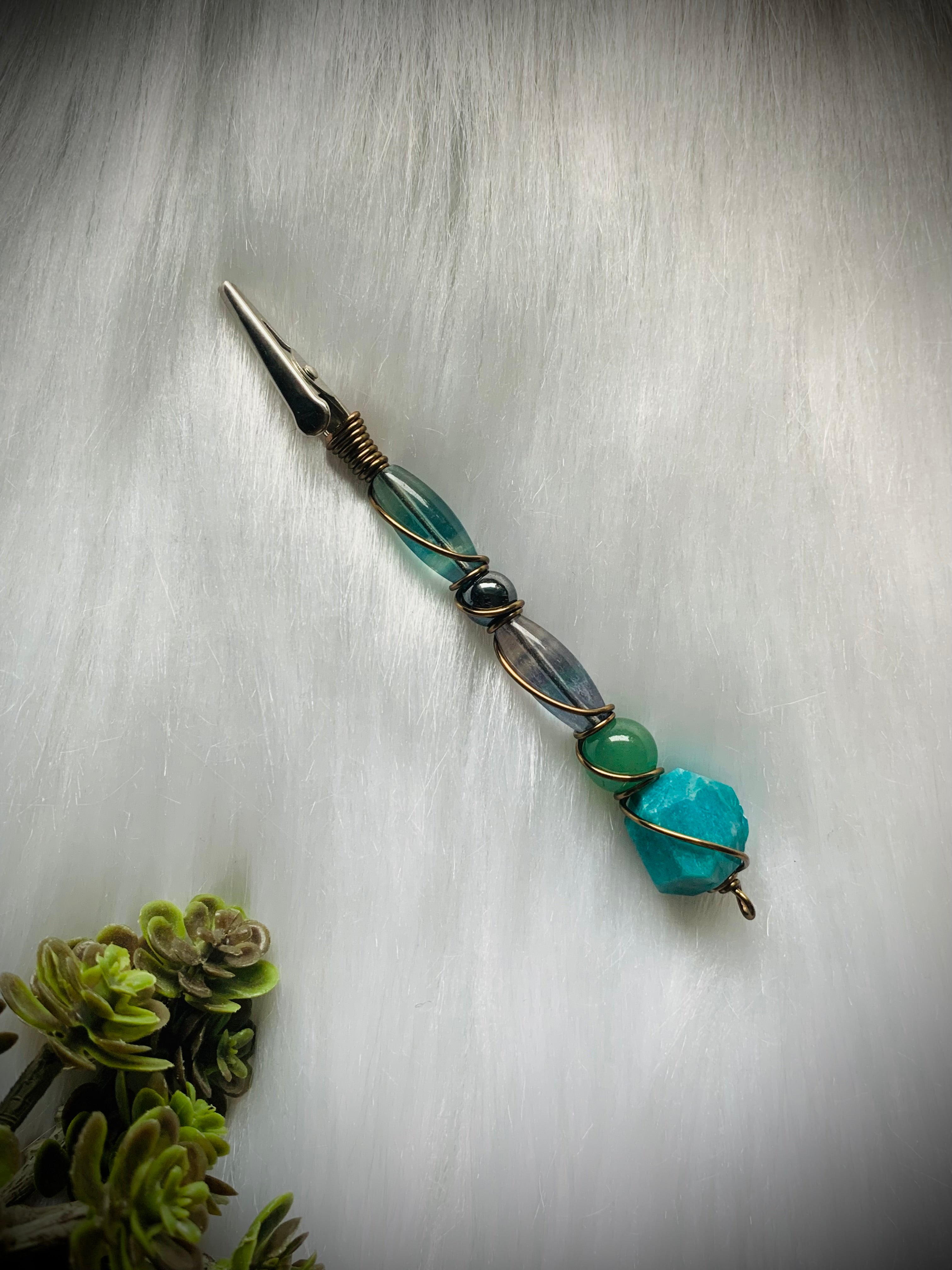 Crystal Smoke Clip; Rainbow Fluorite, Amazonite, Green Aventurine, Hematite
