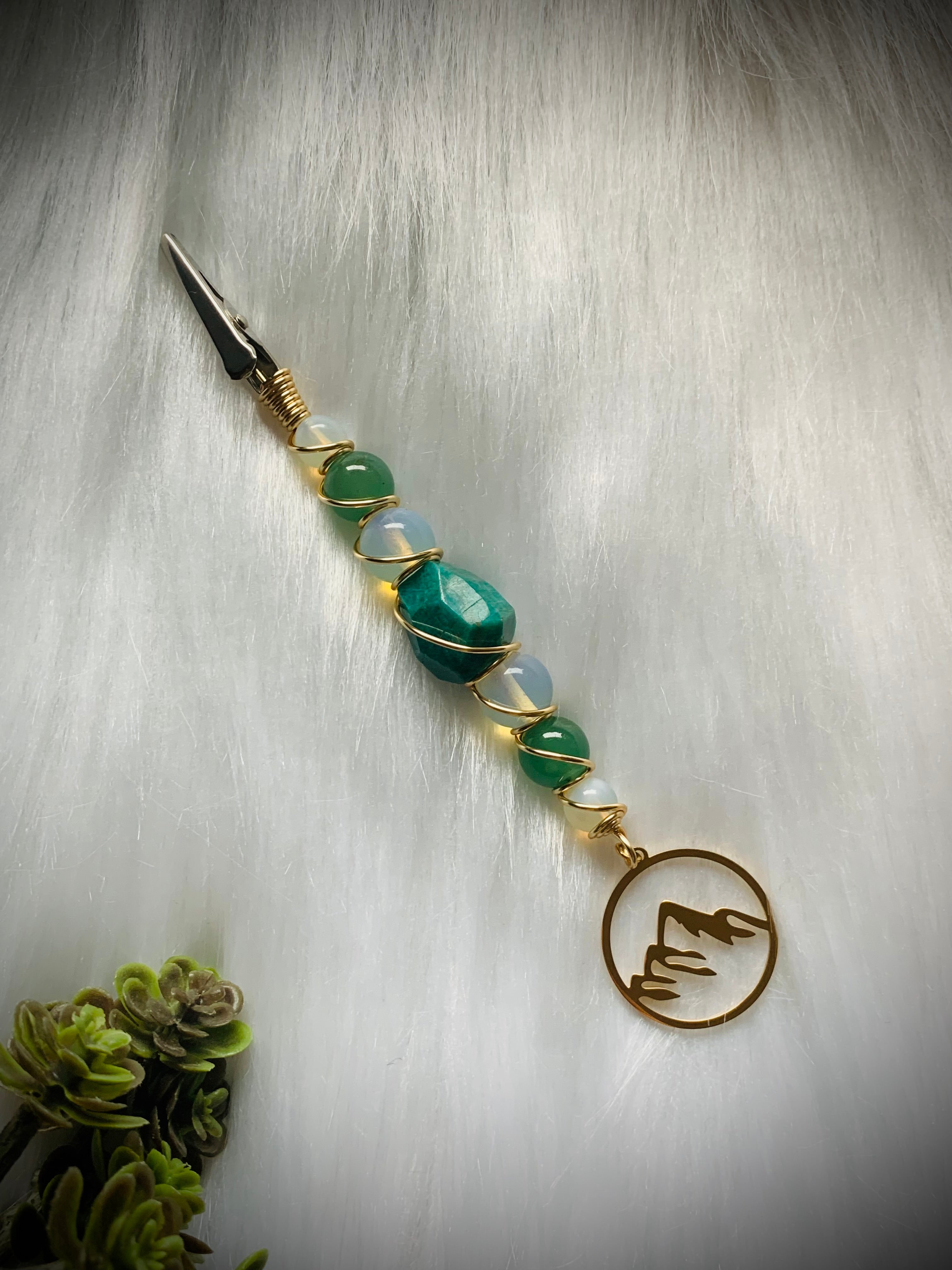 Crystal Smoke Clip; Amazonite, Opalite, Aventurine, Quartz, Gold Mountain Charm