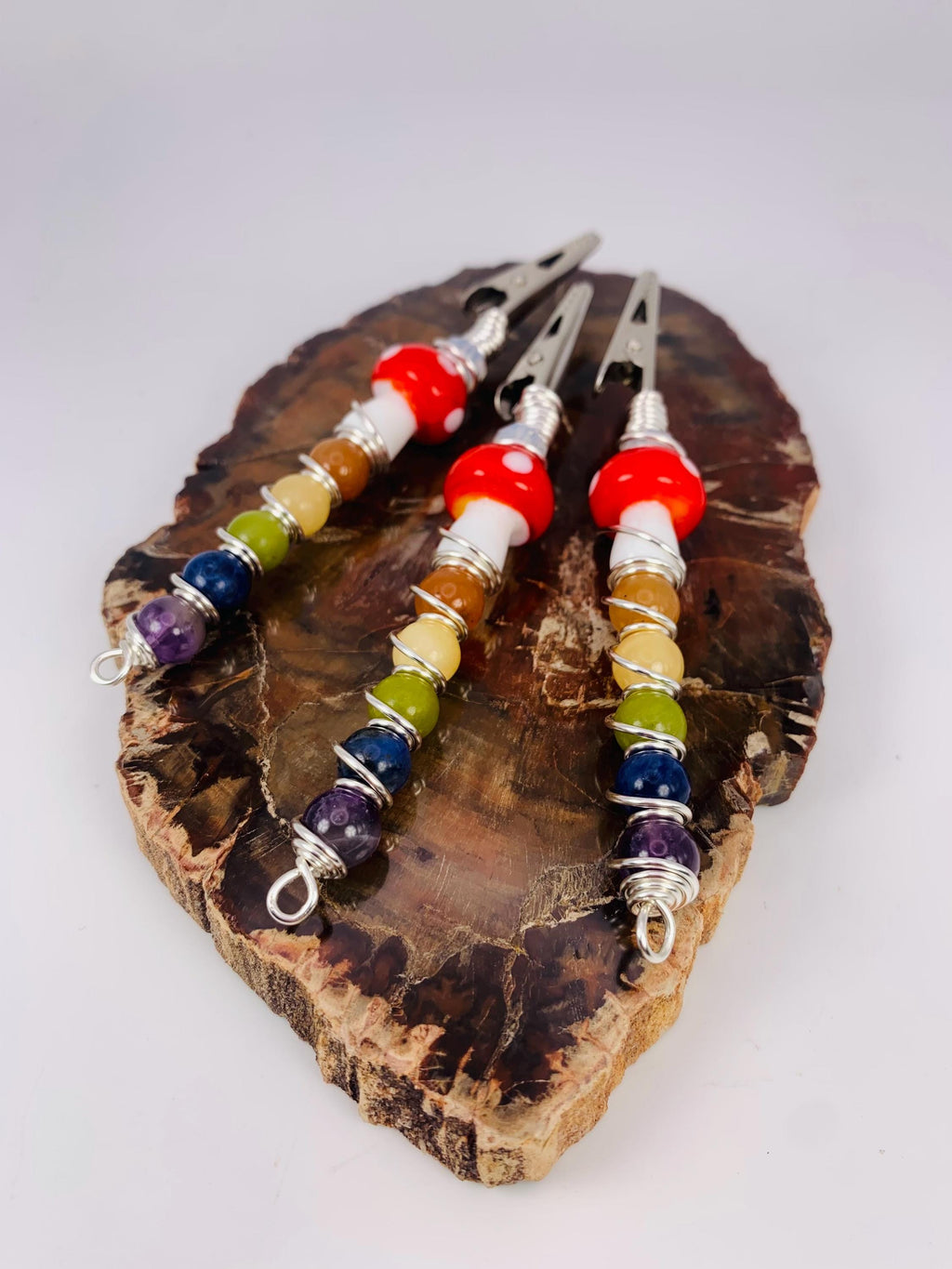 Crystal Rainbow Mushroom Smoke Clip; Opalite, Orange Aventurine, Yellow Jade, Green Jade, Sodalite, Amethyst