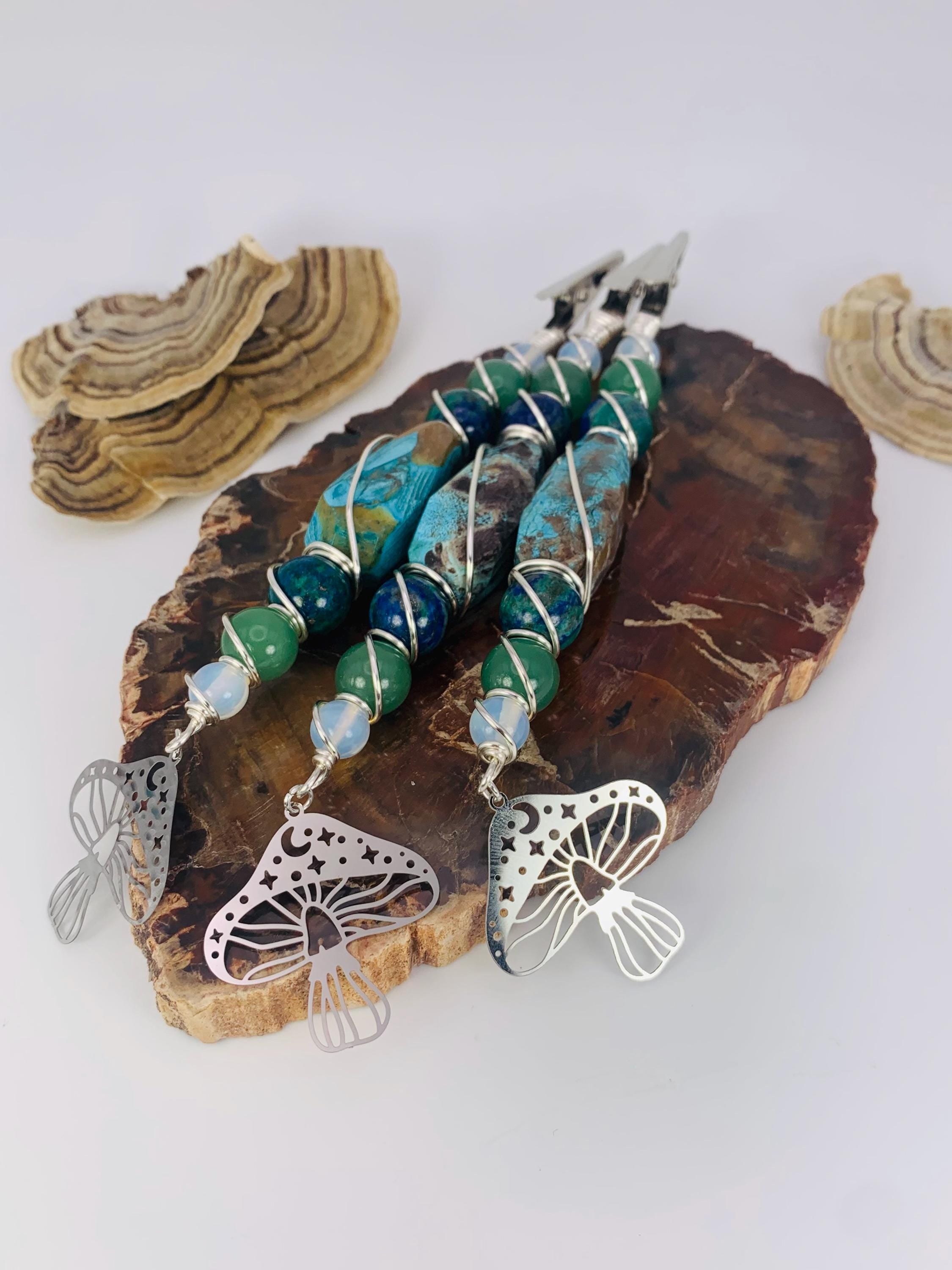 Crystal Smoke Clip, Mushroom Jasper, Chrysocolla, Aventurine & Opalite with silver wire and mushroom charm