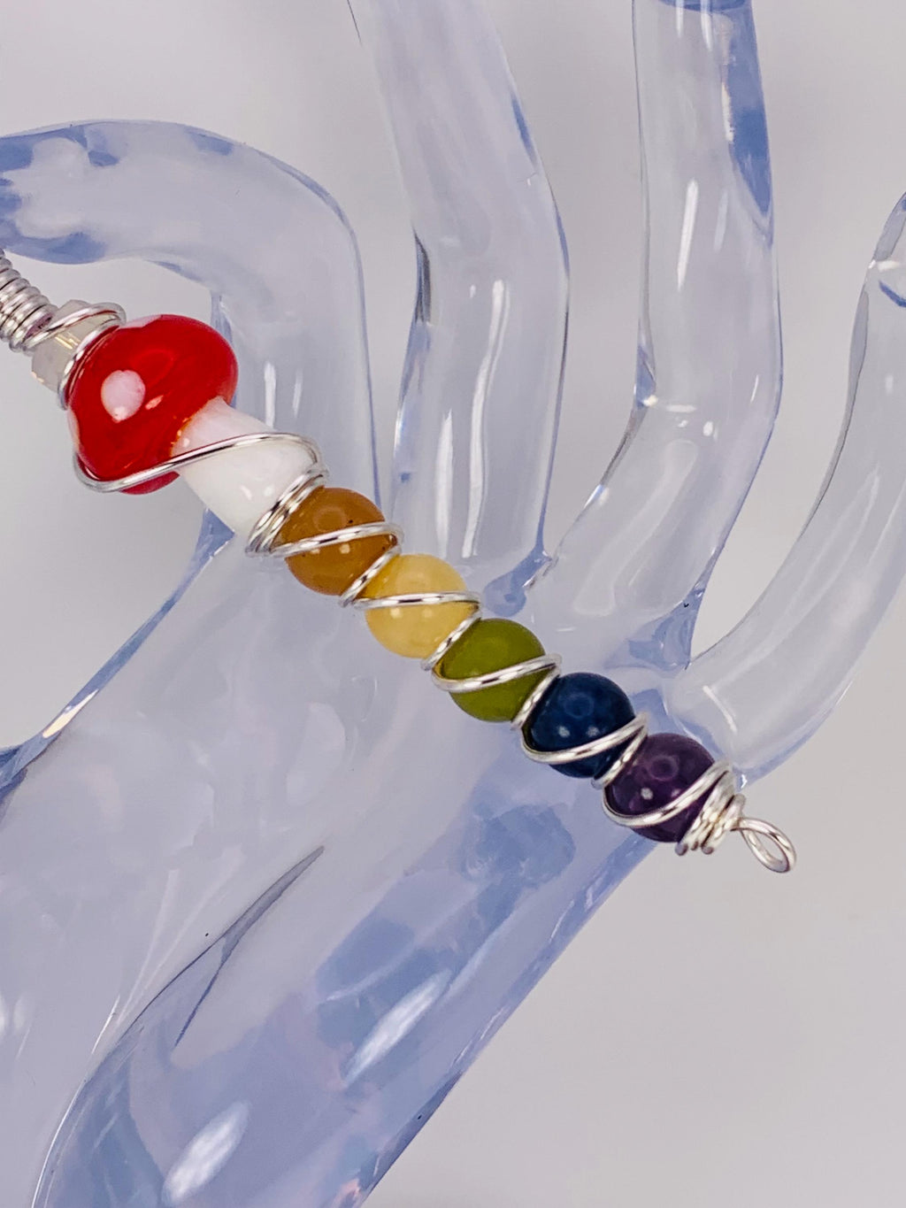 Crystal Rainbow Mushroom Smoke Clip; Opalite, Orange Aventurine, Yellow Jade, Green Jade, Sodalite, Amethyst