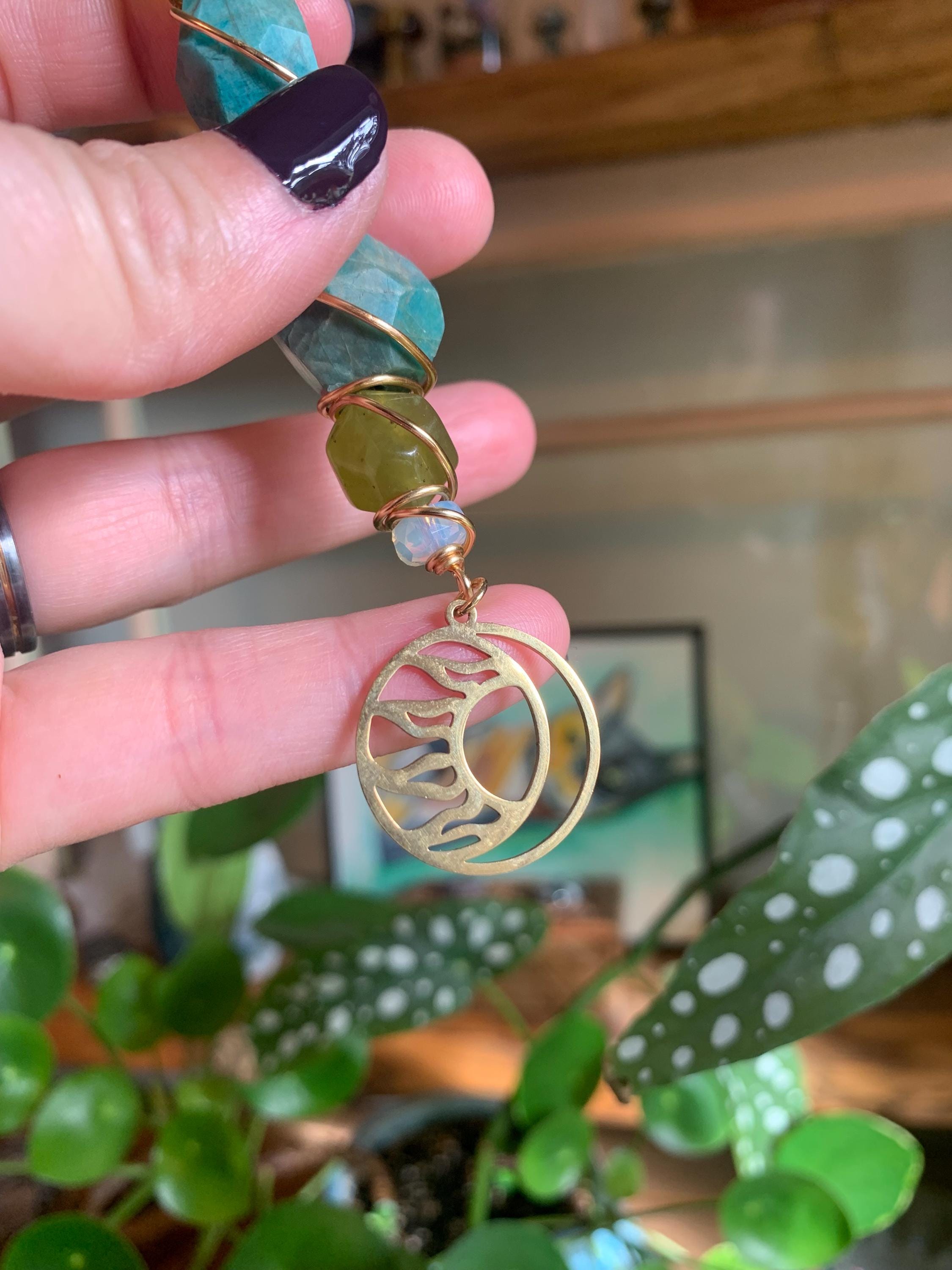 Amazonite, Green Jade, Opalite, Gold Wire, Moon charm, Sun charm, wire wrapped, smoke clip, smoking accessory, metaphysical